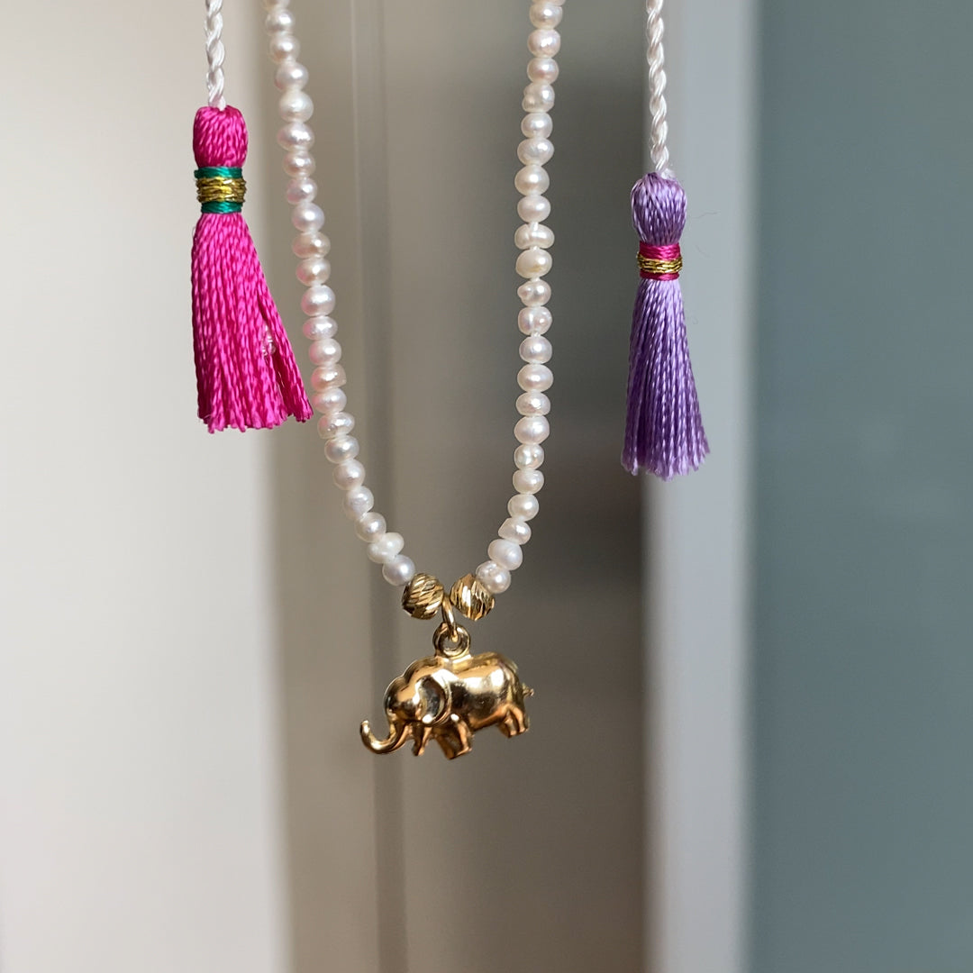 14k Solid Gold Freshwater Pearl Elephant Tassel Necklace