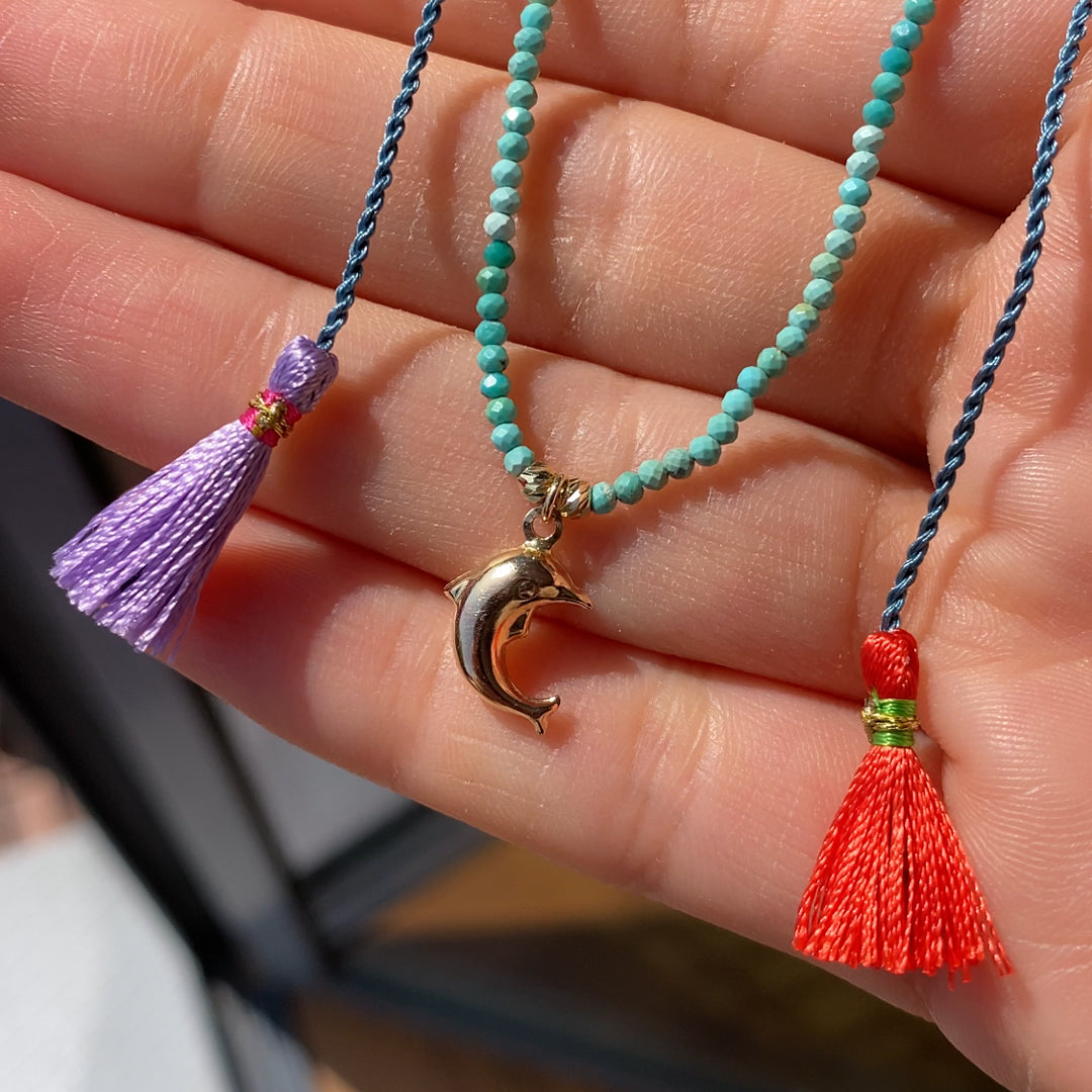 14k Solid Gold Turquoise Dolphin Tassel Necklace