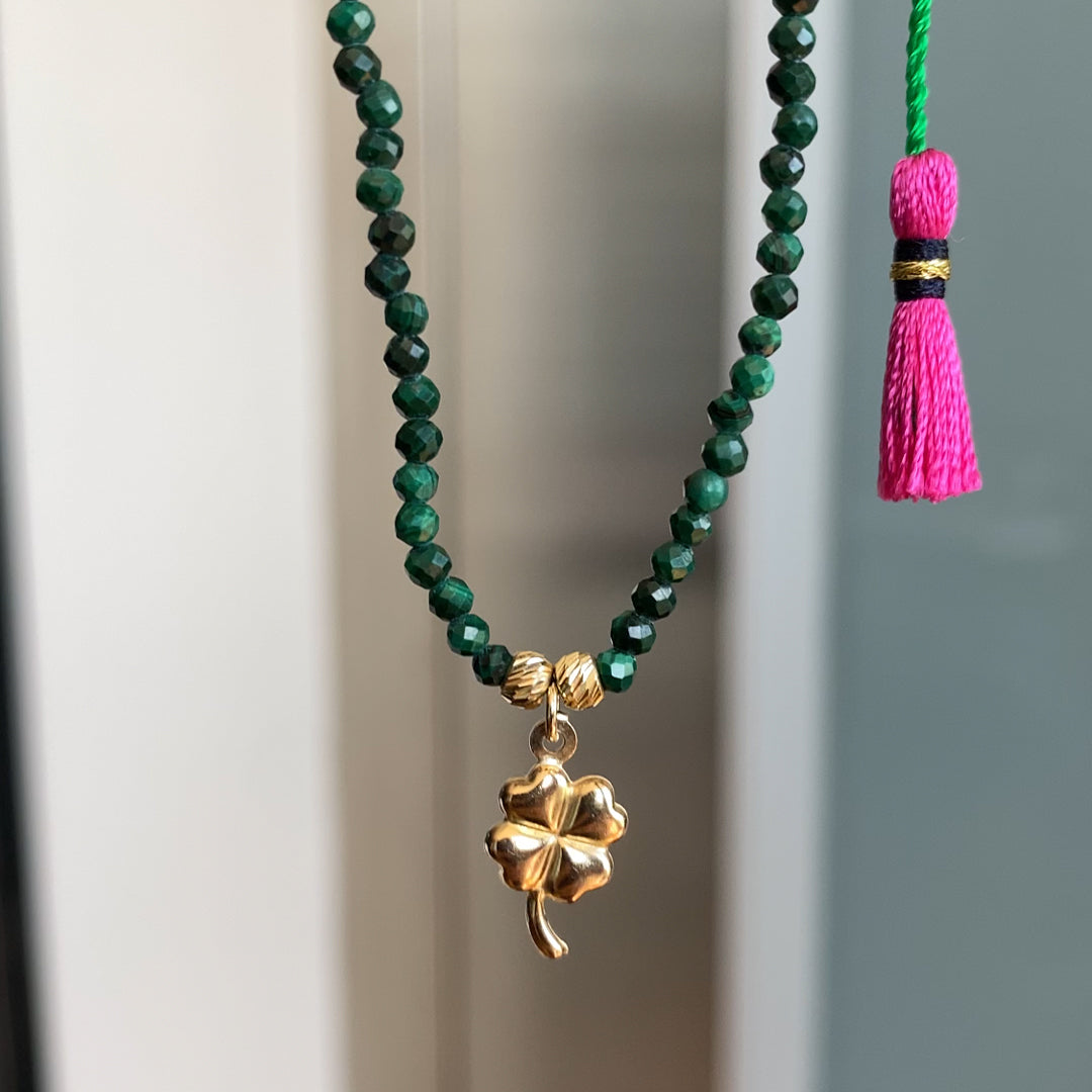 14k Solid Gold Malachite Beaded Clover Tassel Necklace