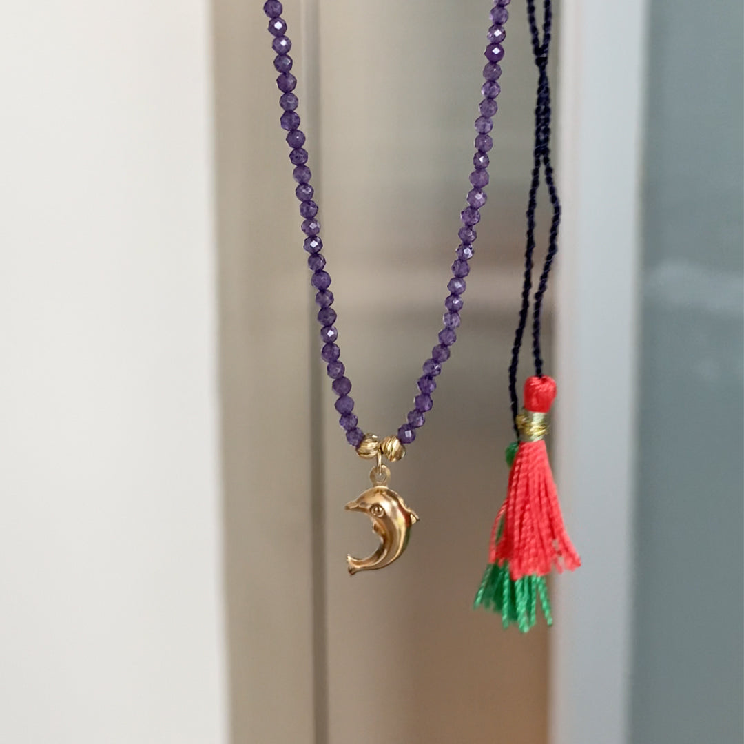 14k Solid Gold Ametist Stone Dolphin Tassel Necklace