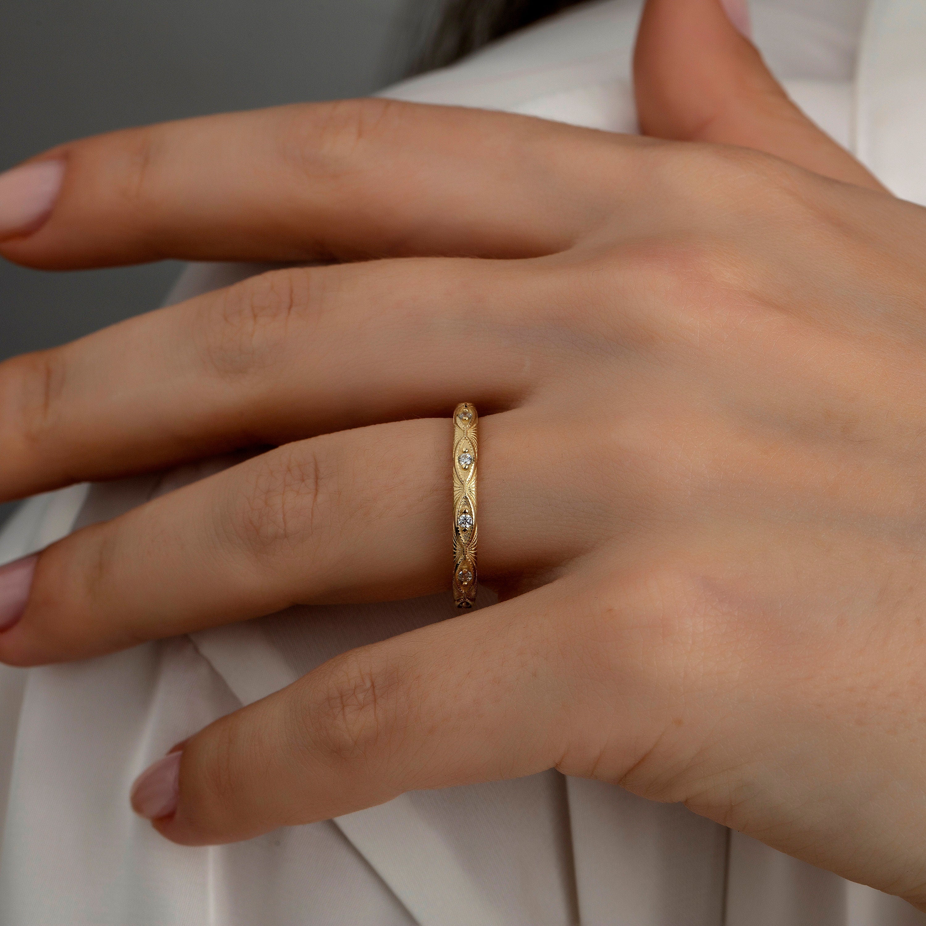 14K Gold Art Deco with Zc Stackable Minimal Ring