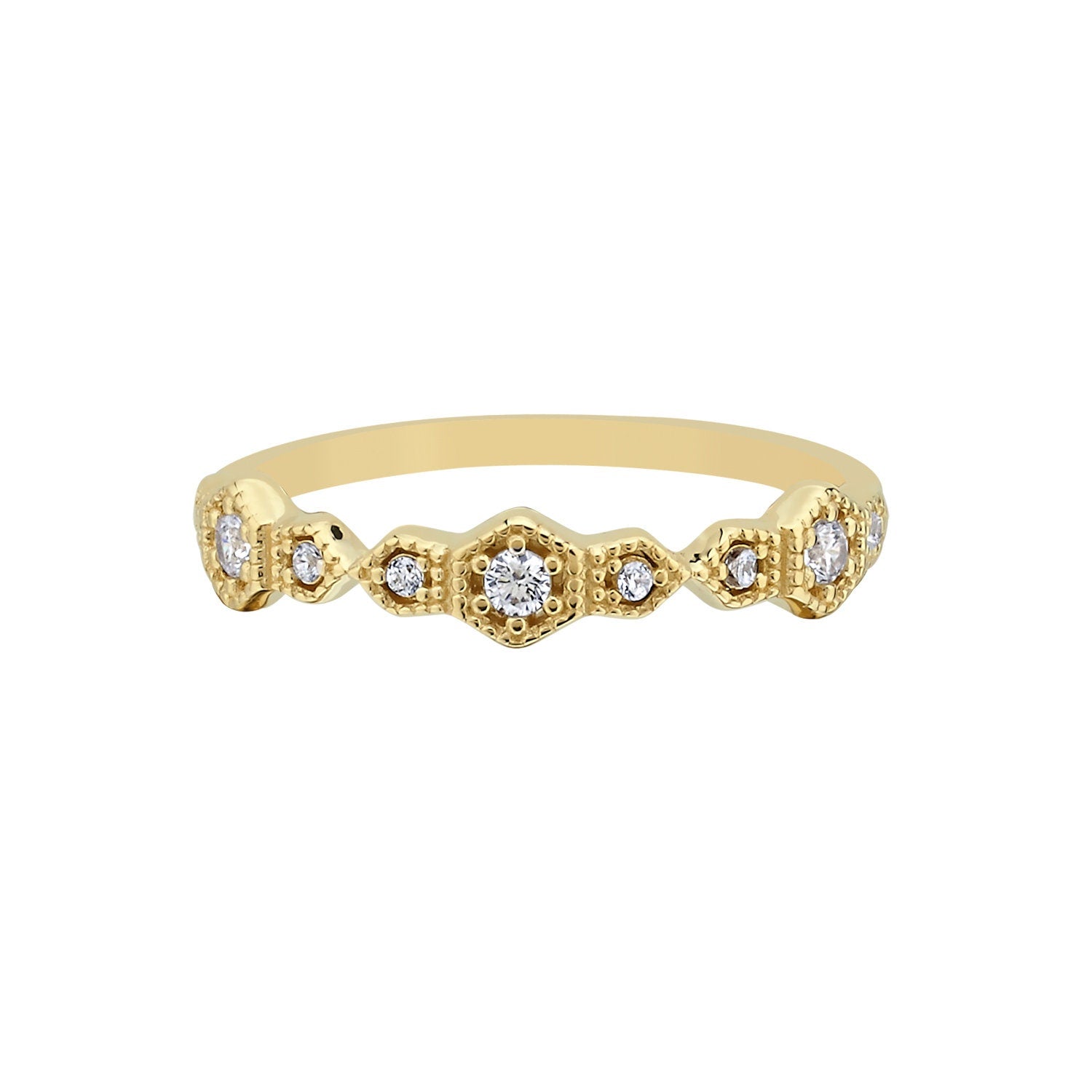 14K Gold Art Deco with Stones Stackable Minimal Ring