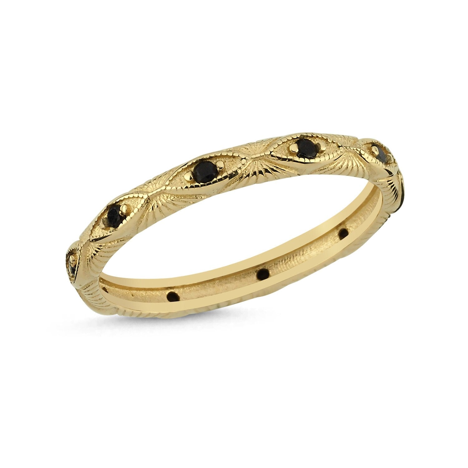 14K Gold Art Deco Black Zc Stackable Minimal Ring
