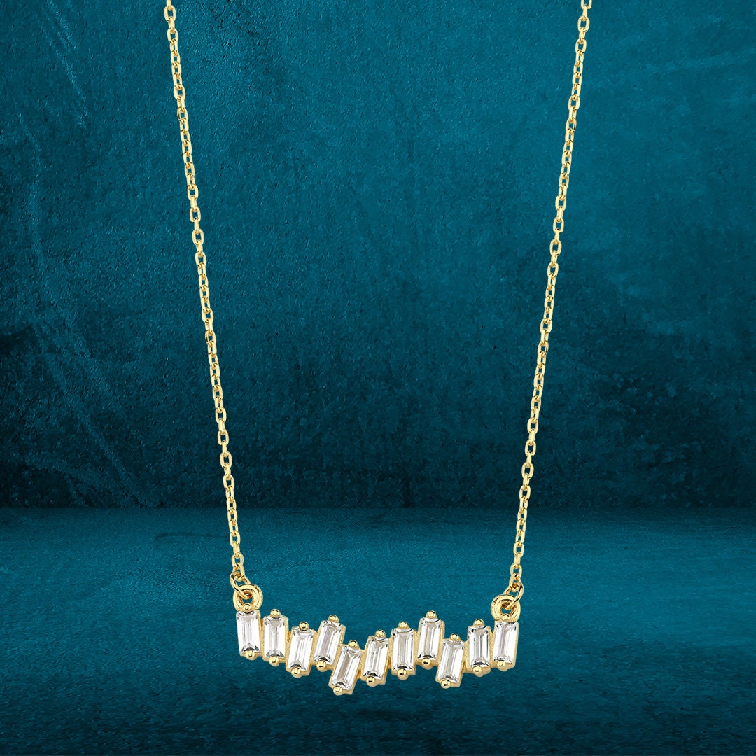 14K Gold Asymmetric Baguette Stone Necklace