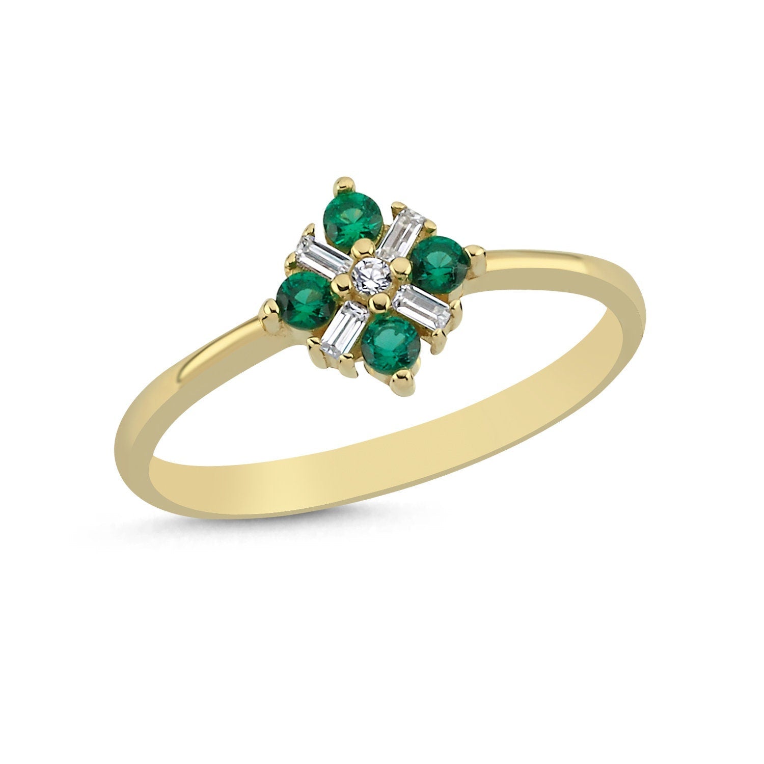 14K Gold Baguette Shine Stackable Green Minimal Ring Hems Jewellery 
