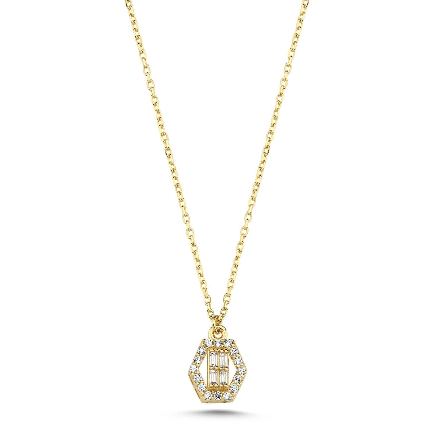 14K Gold Baguette Stone Hexagonal Necklace Hems Jewellery 