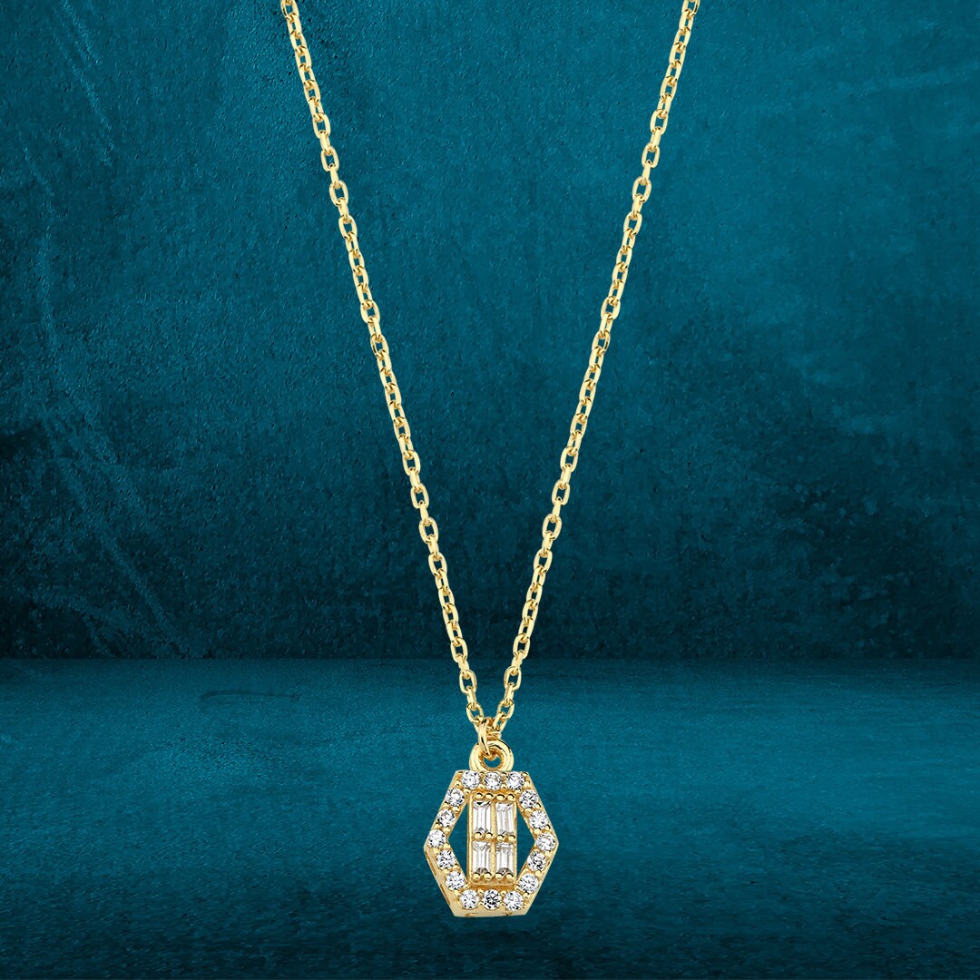 14K Gold Baguette Stone Hexagonal Necklace Hems Jewellery 