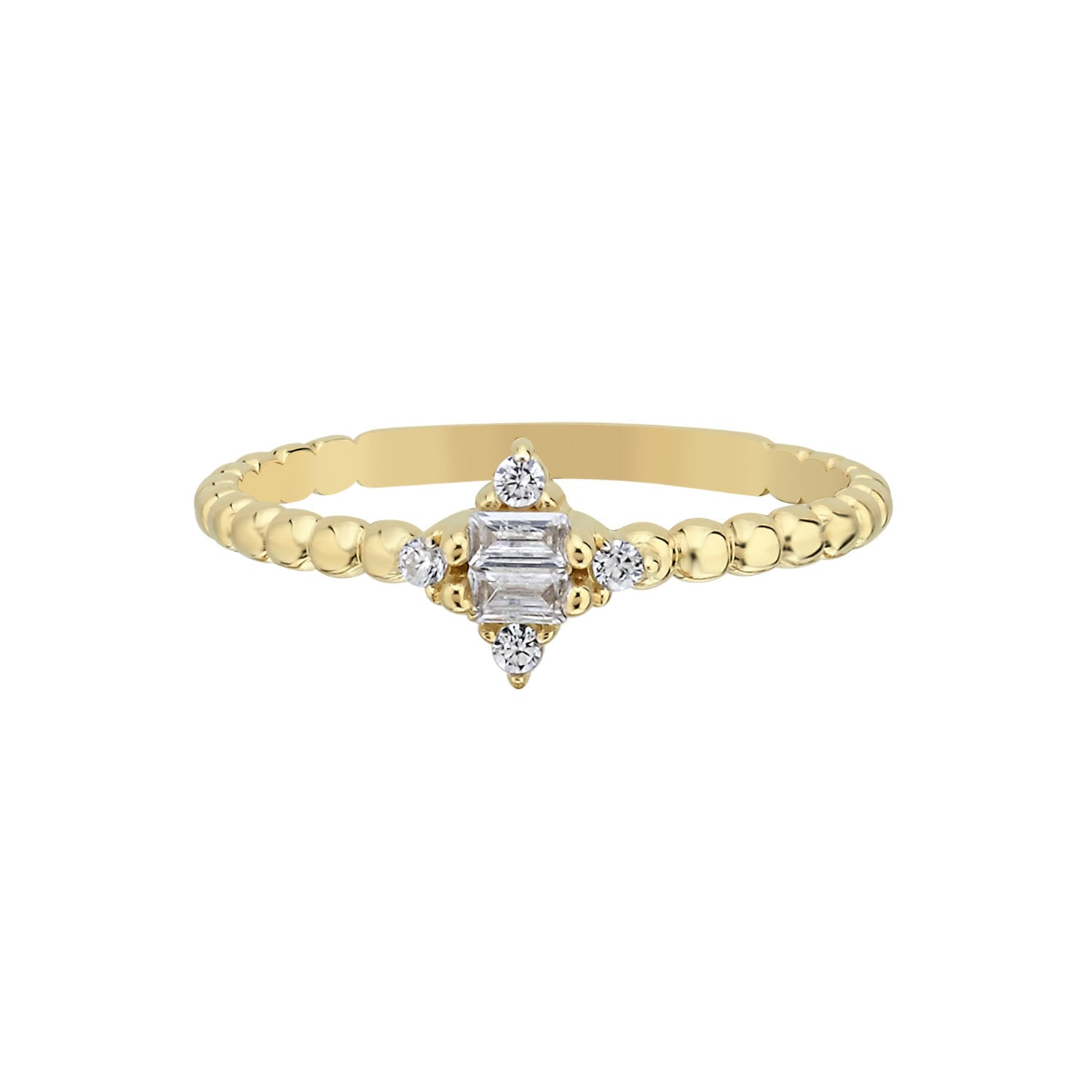 14K Gold Baguette Stone Granulation Stackable Minimal Ring