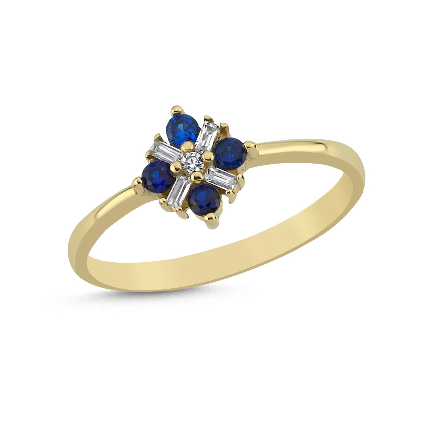 14K Gold Baguette with Blue Stones Shine Stackable Minimal Ring