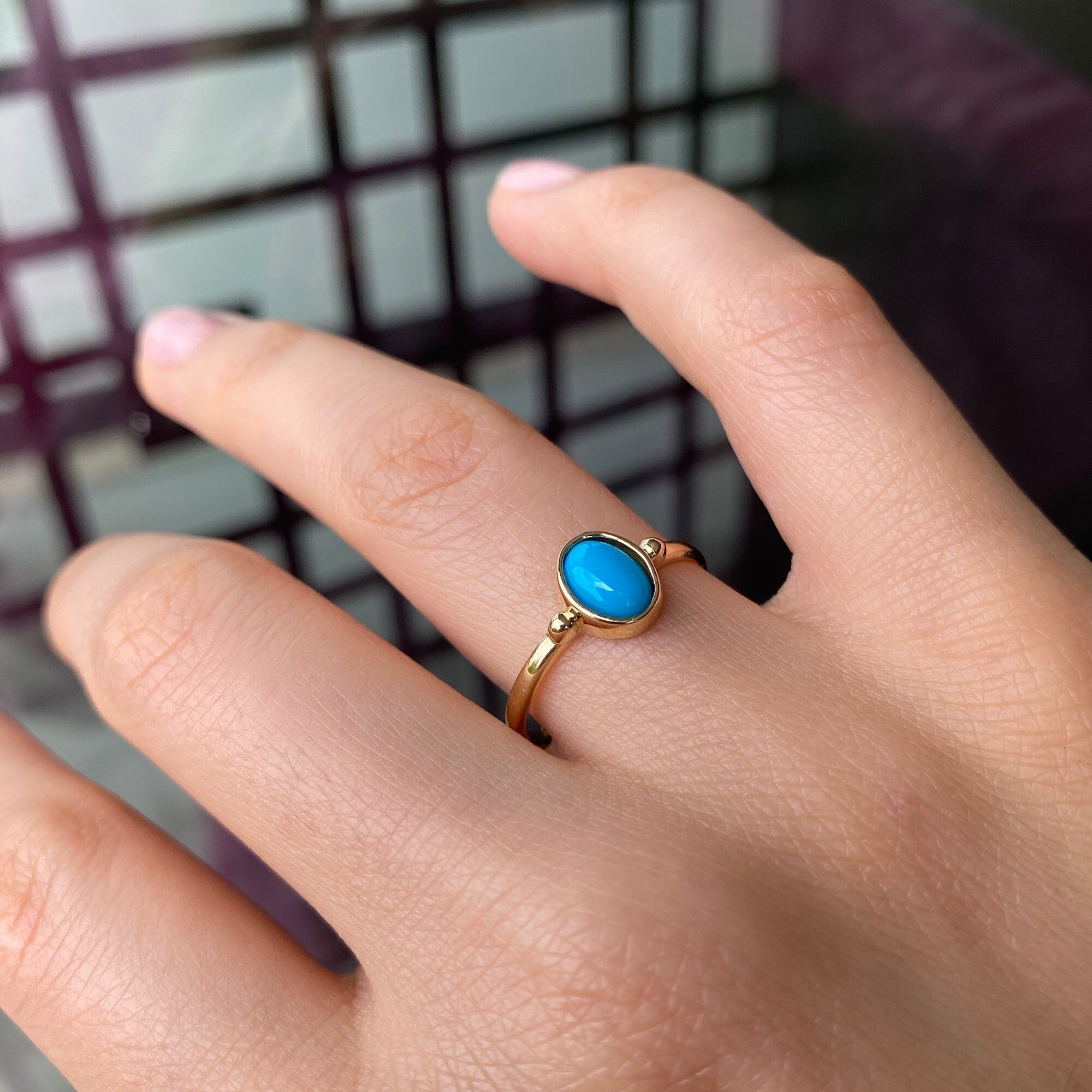 14K Gold Blue Agate Stone Ring