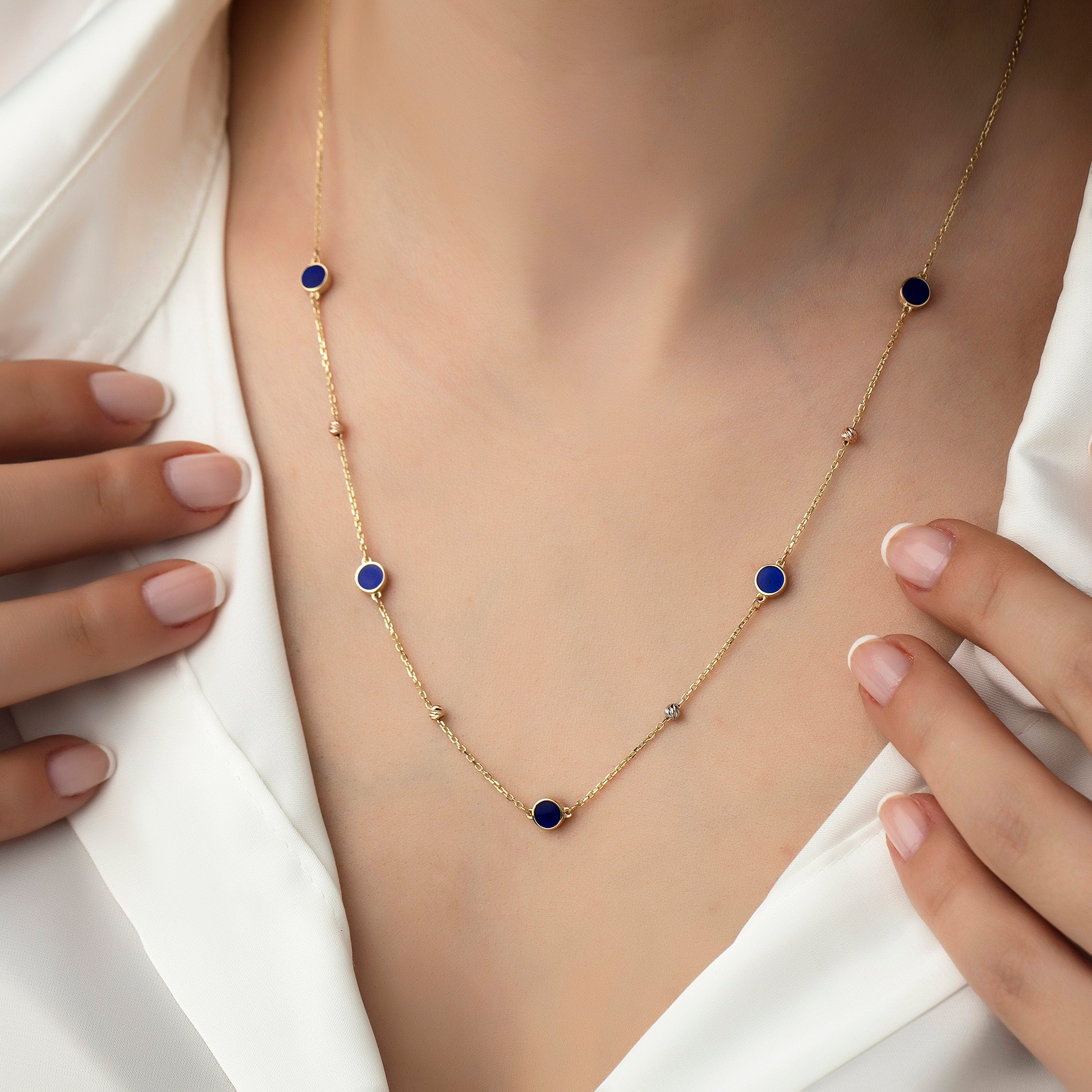 14K Gold Blue Enamel Chain Necklace Hems Jewellery 