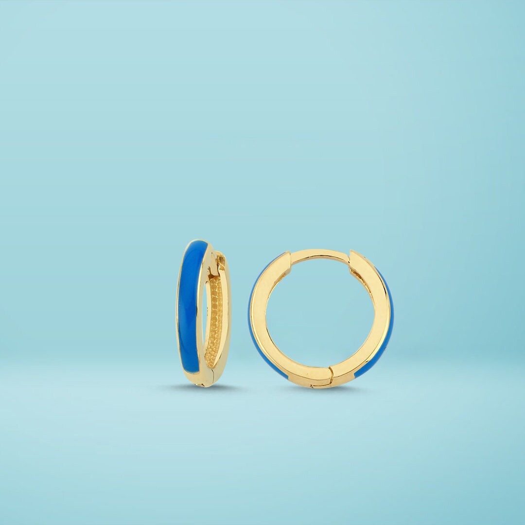 14K Gold Blue Hoop with Enamel Earrings Hems Jewellery 