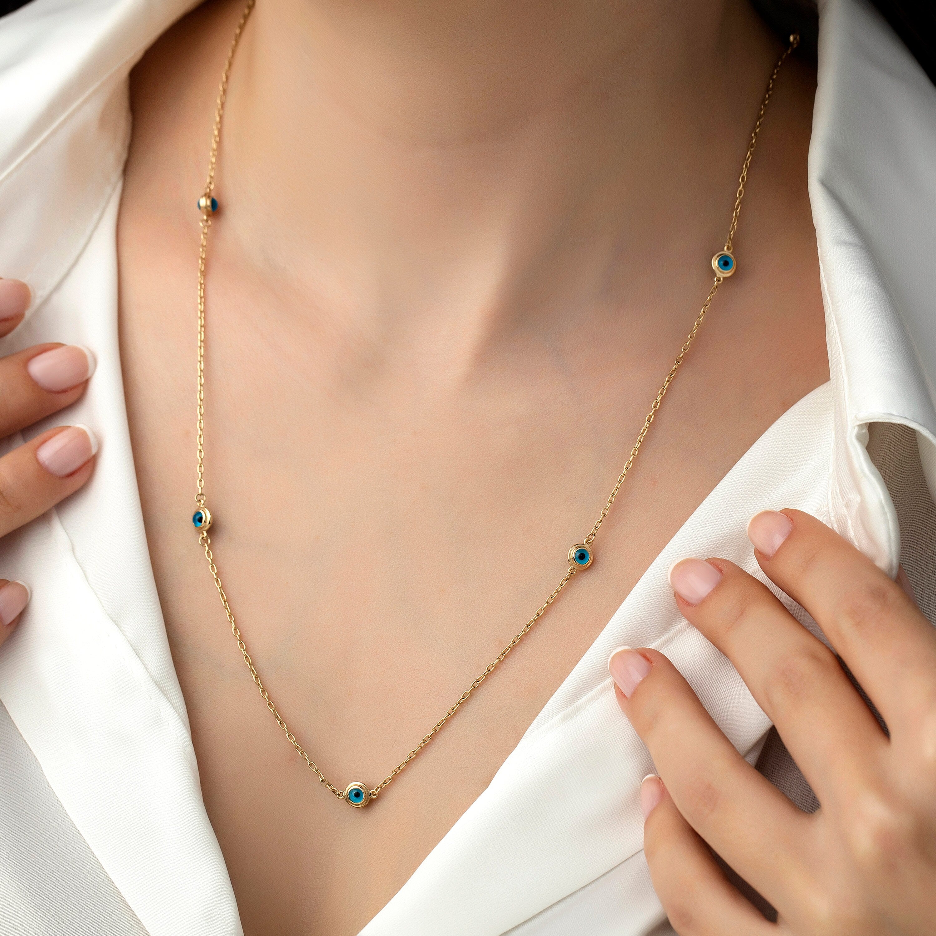 14K Gold Evil Eye Bead Chain Necklace Hems Jewellery 