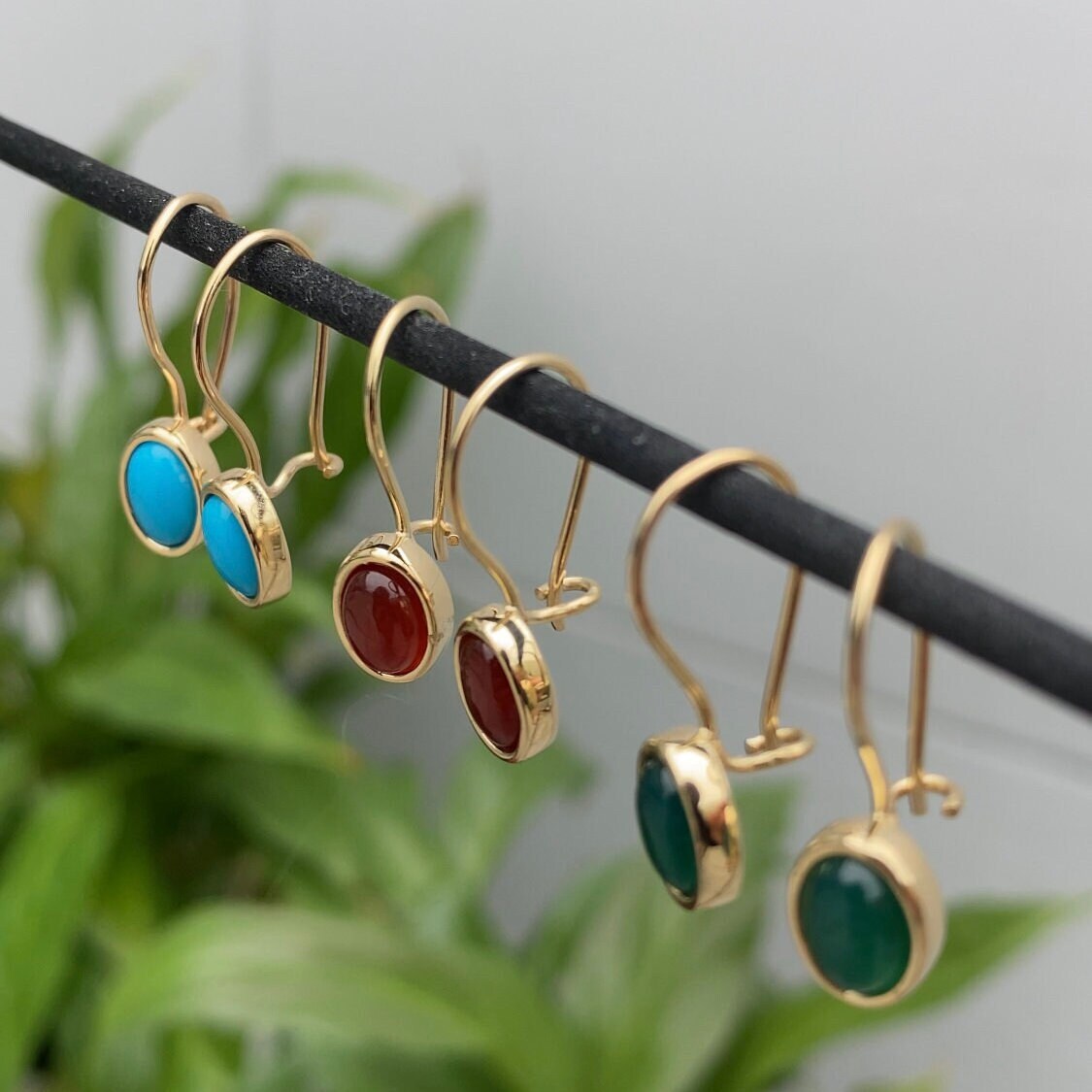 14K Gold Green Agate Stone Earrings Hems Jewellery 