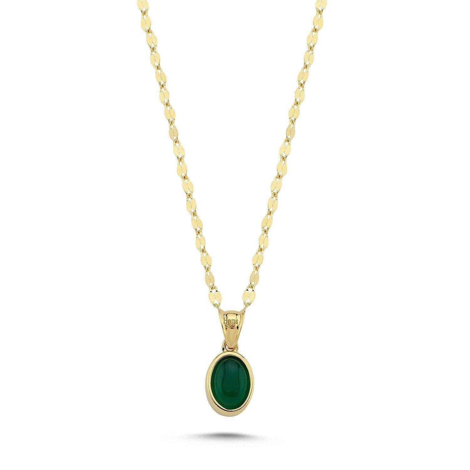 14K Gold Green Agate Stone Necklace