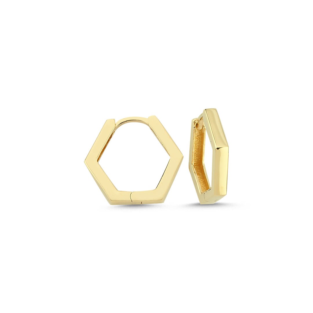 14K Gold Hexagonal Flat Earrings Hems Jewellery 