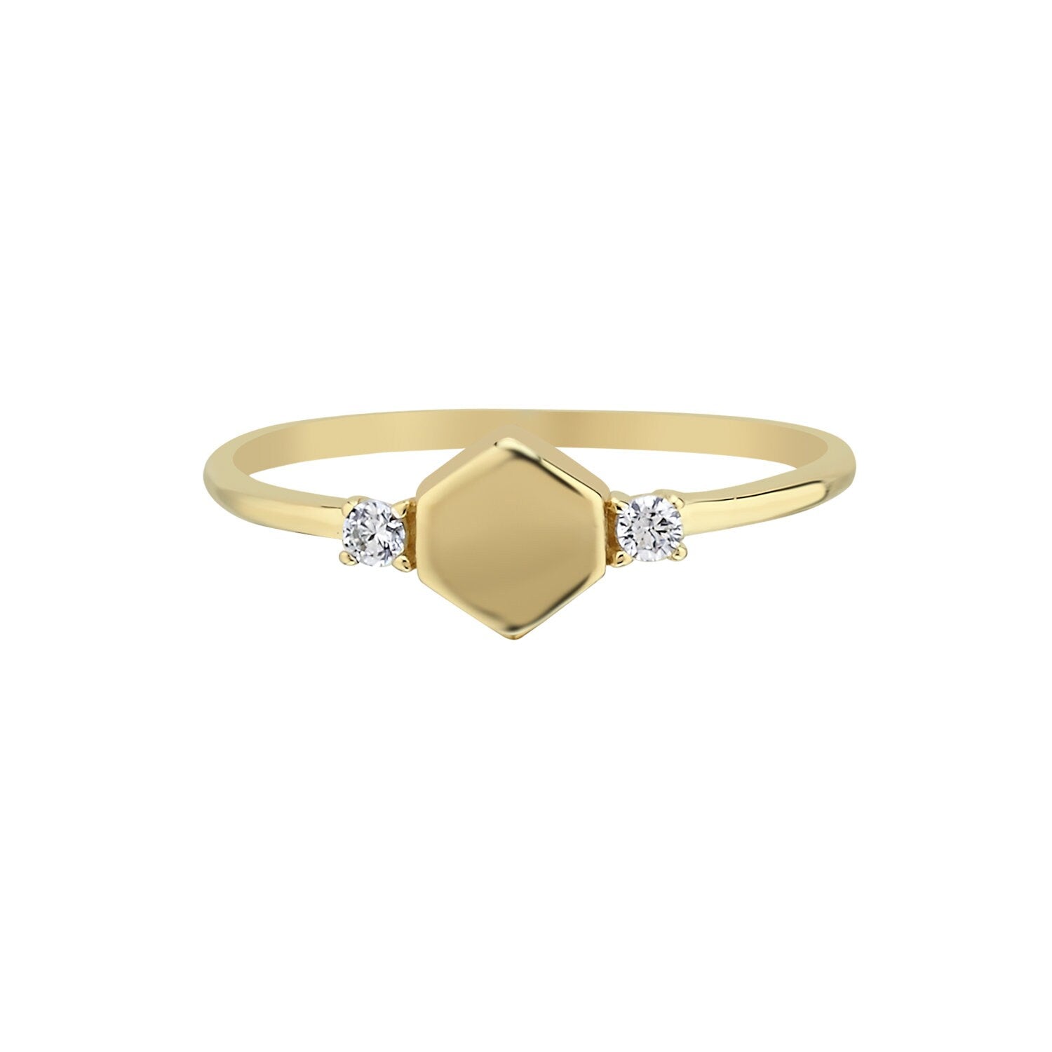 14K Gold Hexagonal Stackable Minimal Ring with Stone Hems Jewellery 
