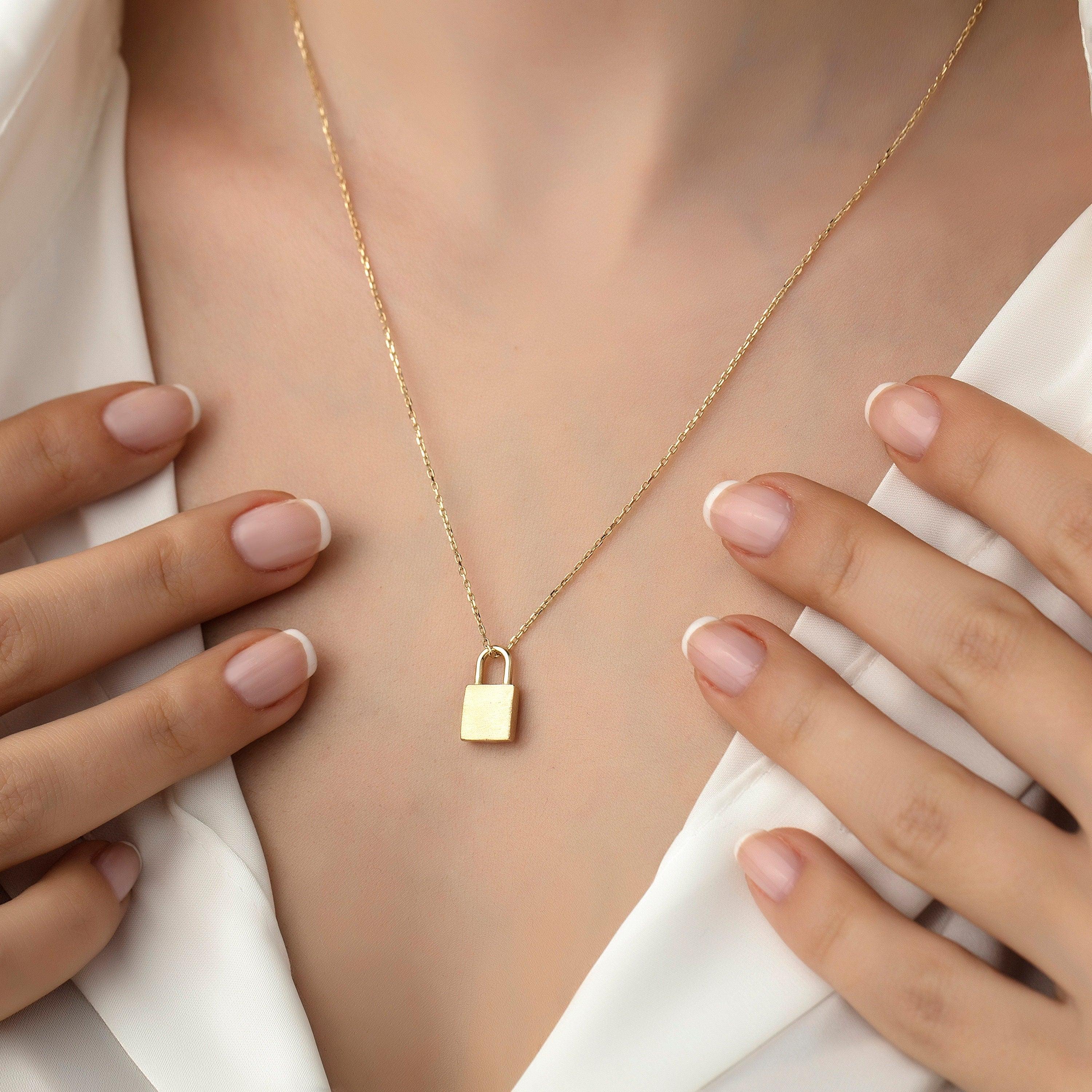 14K Gold Lock Minimal Stackable Necklace Hems Jewellery 