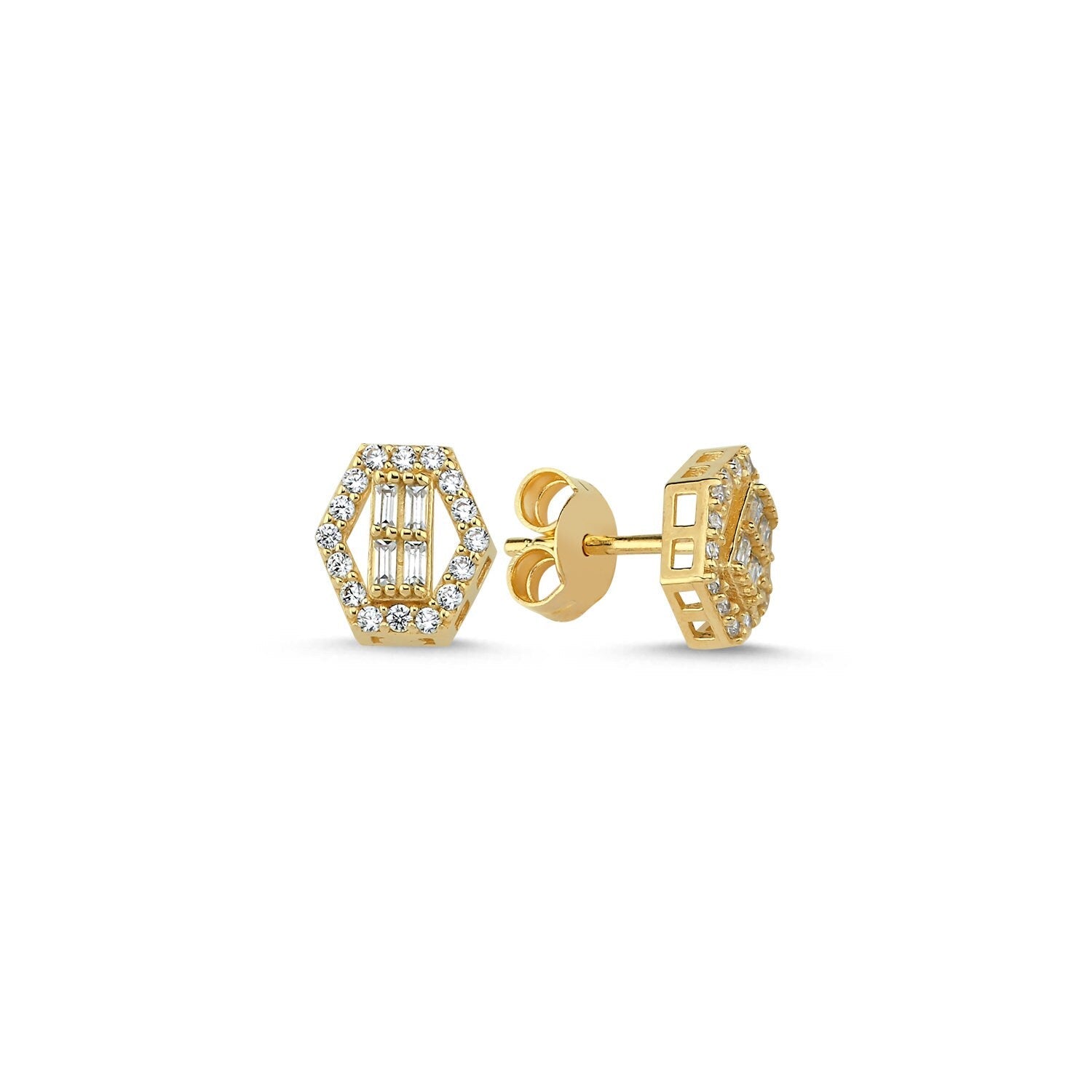14K Gold Mini Baguette Hexagonal Screw Earrings Hems Jewellery 