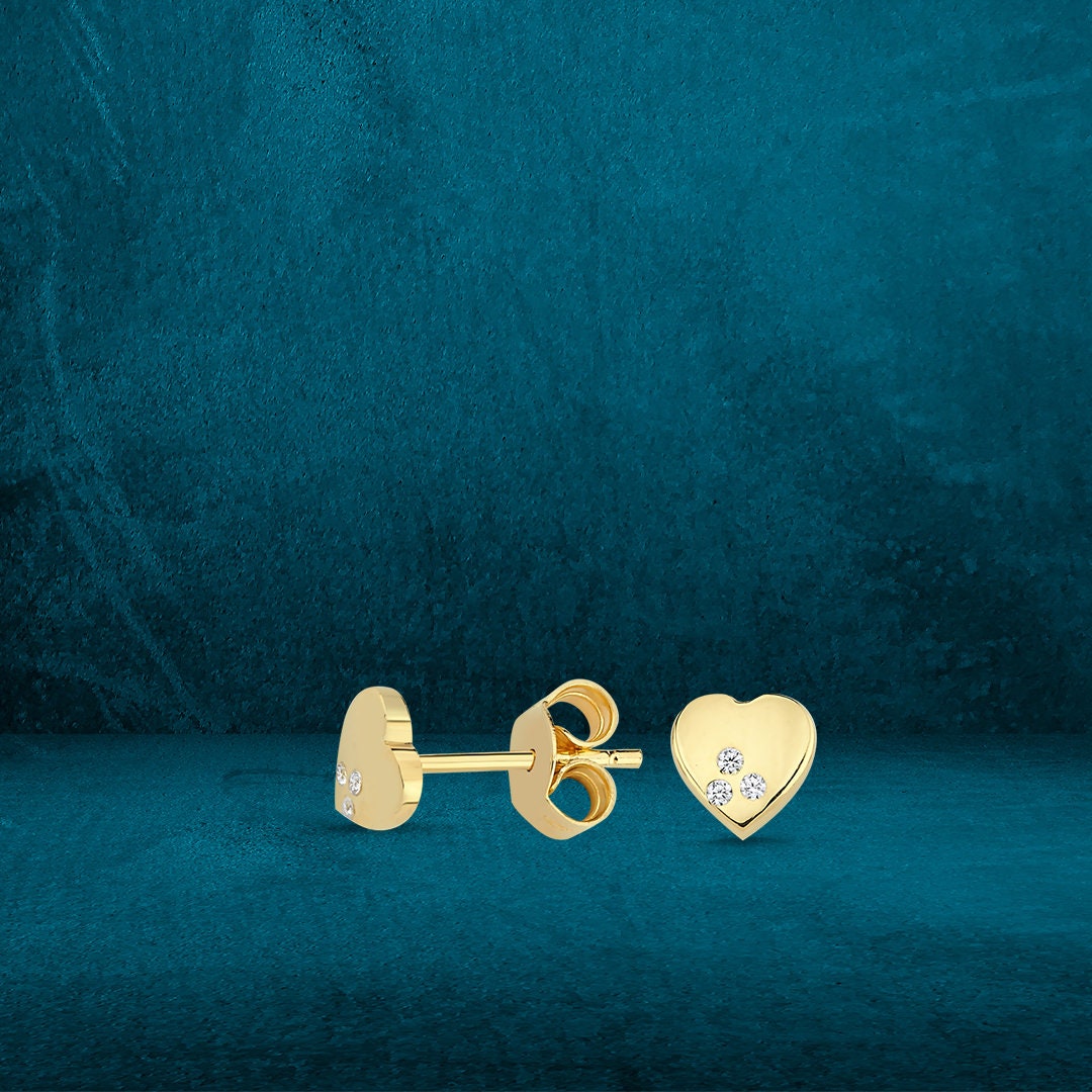 14K Gold Mini Tria Heart Screw Earrings Hems Jewellery 