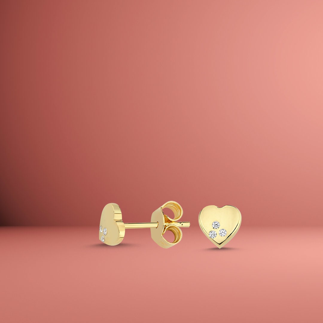 14K Gold Mini Tria Heart Screw Earrings Hems Jewellery 