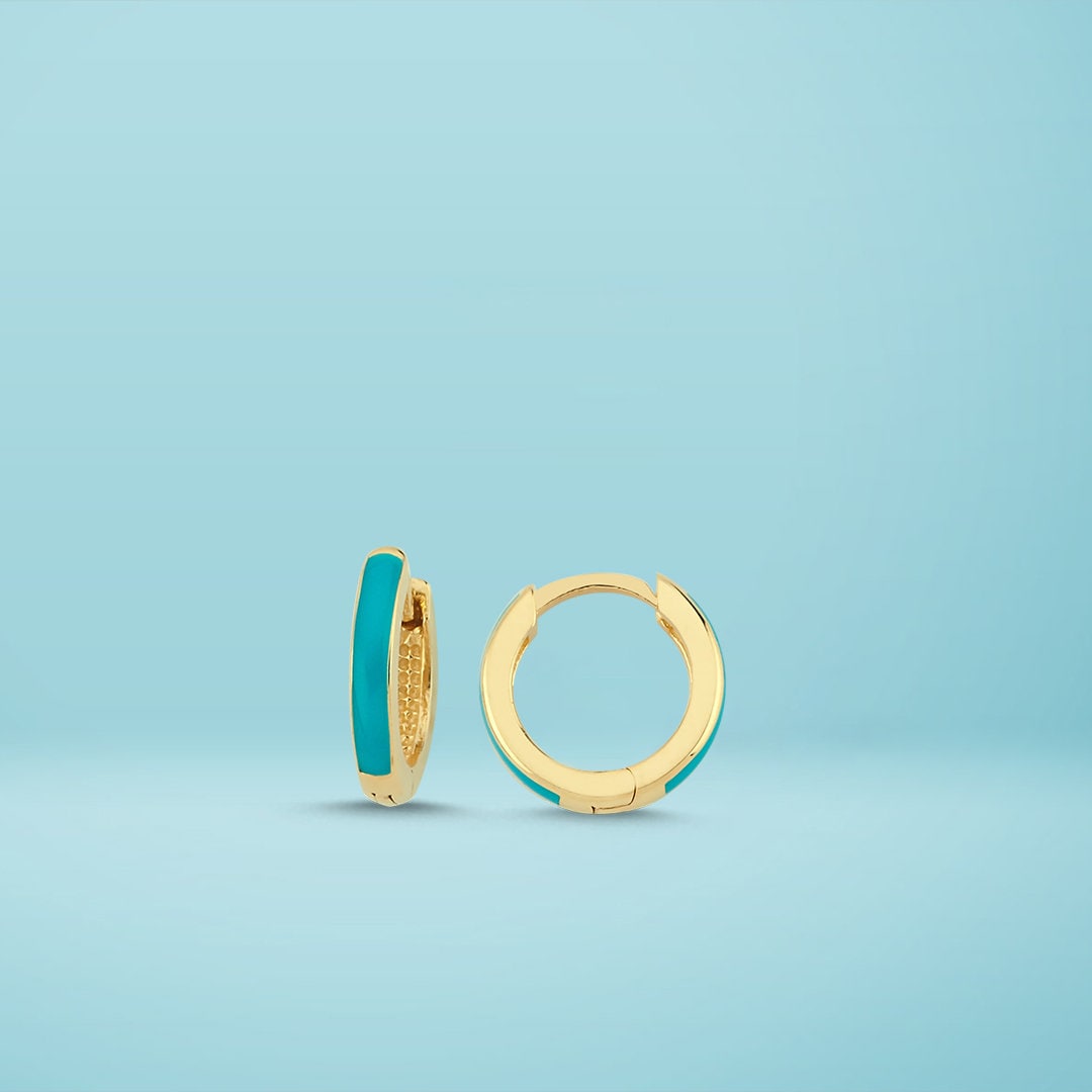 14K Gold Mini Turquoise Enamel Hoop Earrings