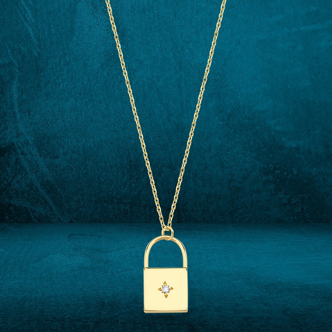 14K Gold Minimal Gemstone Lock Necklace
