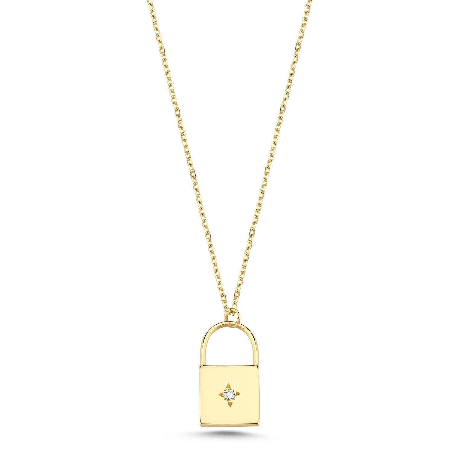14K Gold Minimal Gemstone Lock Necklace
