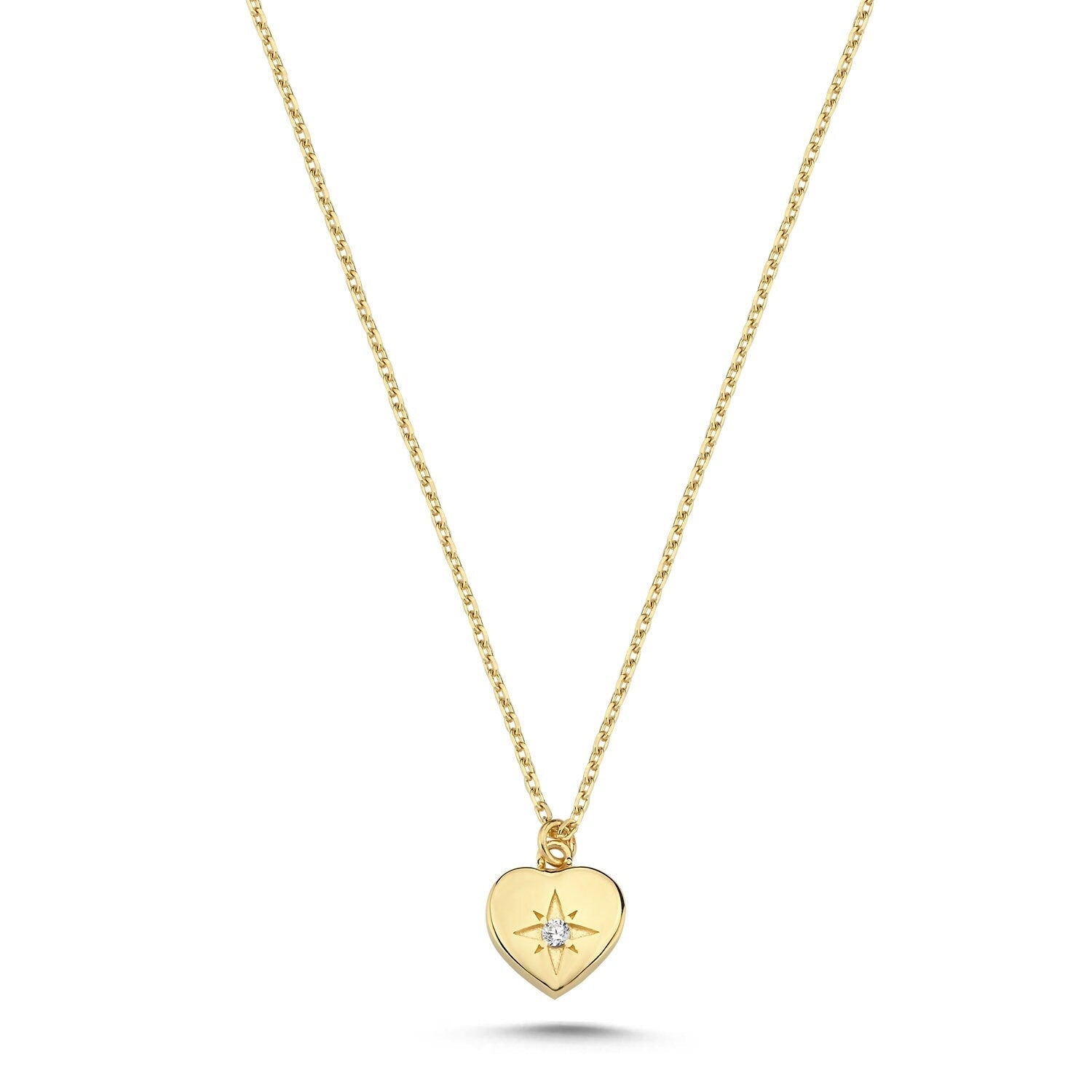 14K Gold Minimal Heart North Star Necklace Hems Jewellery 