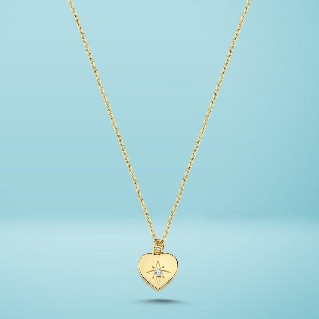 14K Gold Minimal Heart North Star Necklace Hems Jewellery 