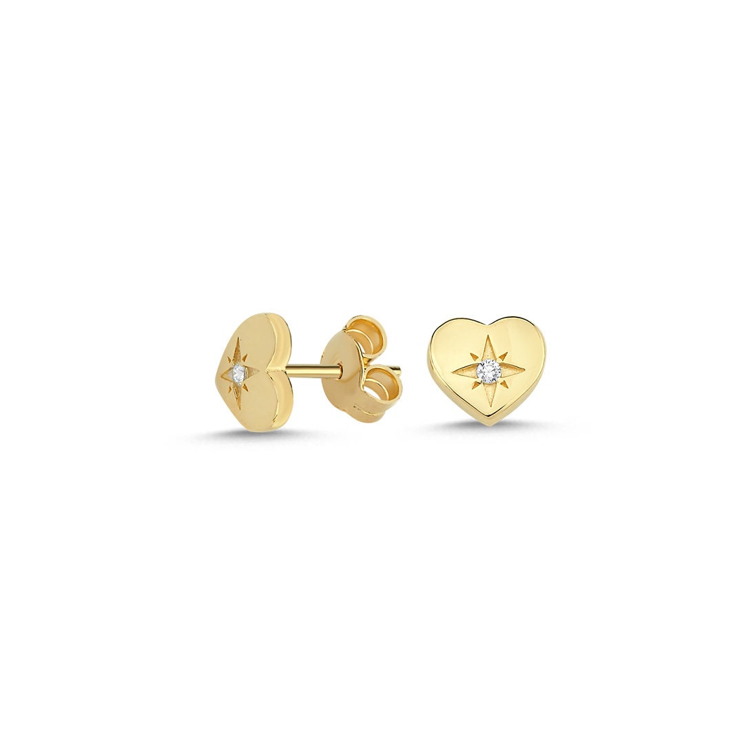 14K Gold Minimal Heart North Star Screw Earrings Hems Jewellery 