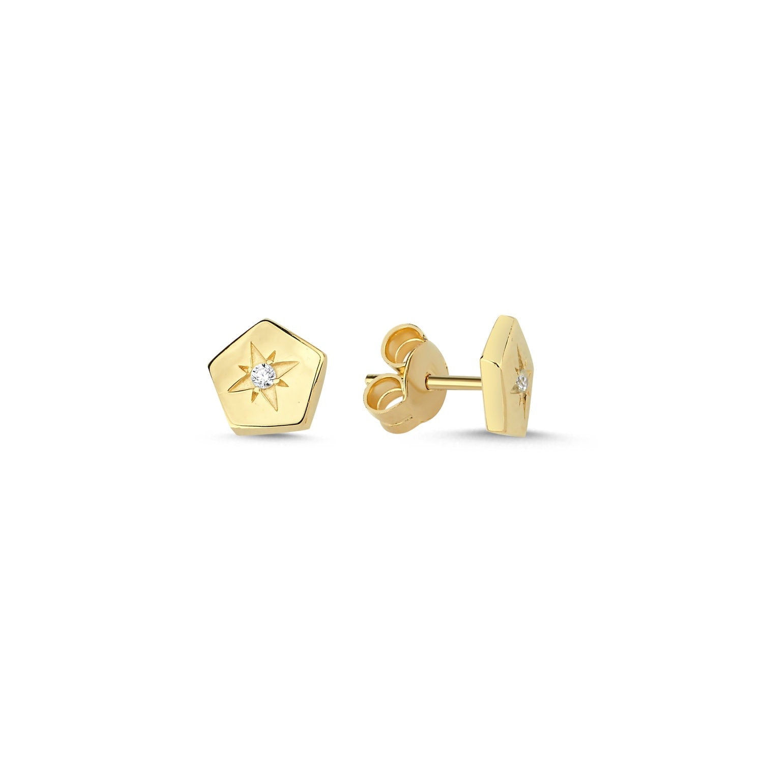 14K Gold Minimal Penta North Star Screw Earrings Hems Jewellery 