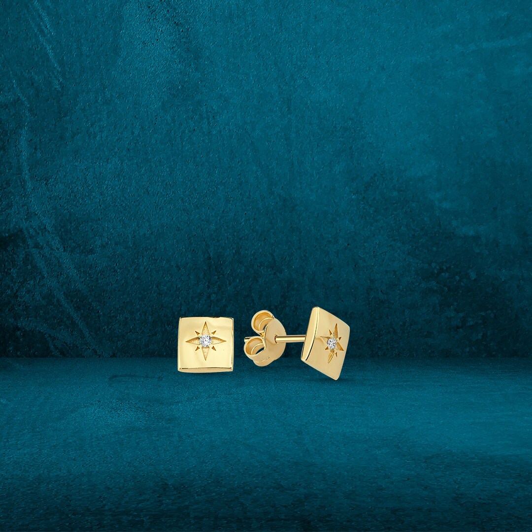 14K Gold Minimal Square North Star Screw Earrings Hems Jewellery 