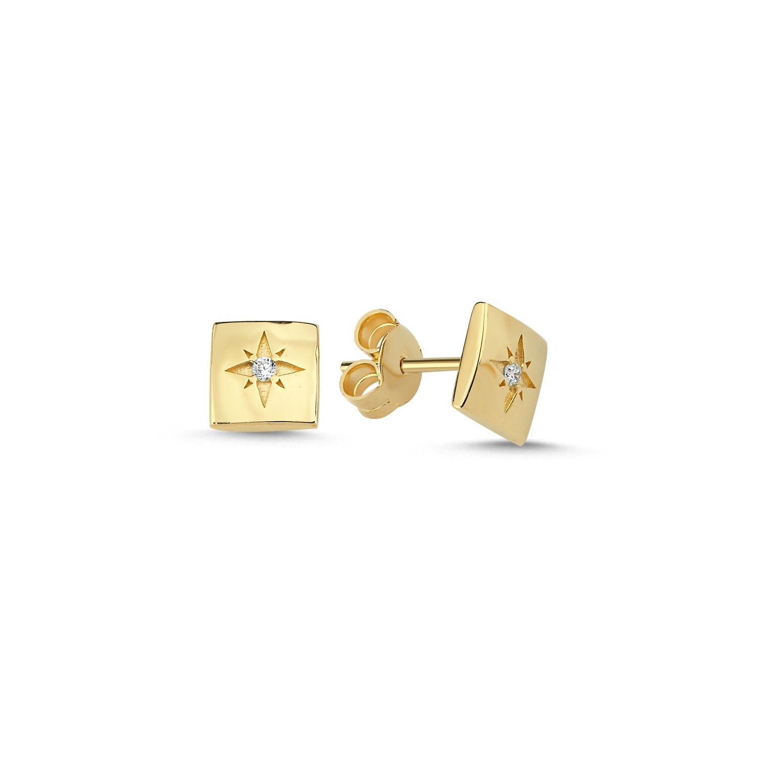14K Gold Minimal Square North Star Screw Earrings Hems Jewellery 