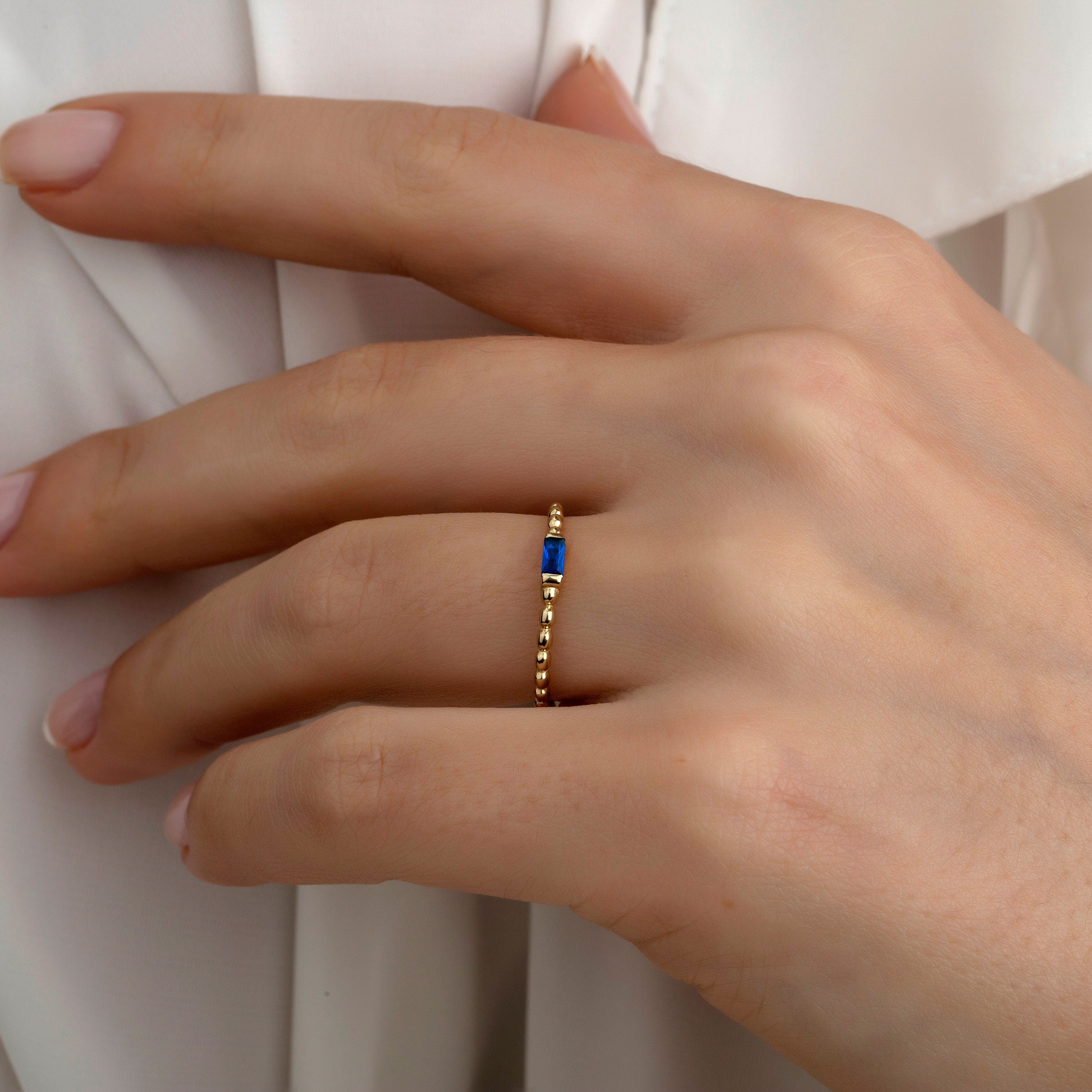 14K Gold Granulation Blue Stone Stackable Minimal Ring