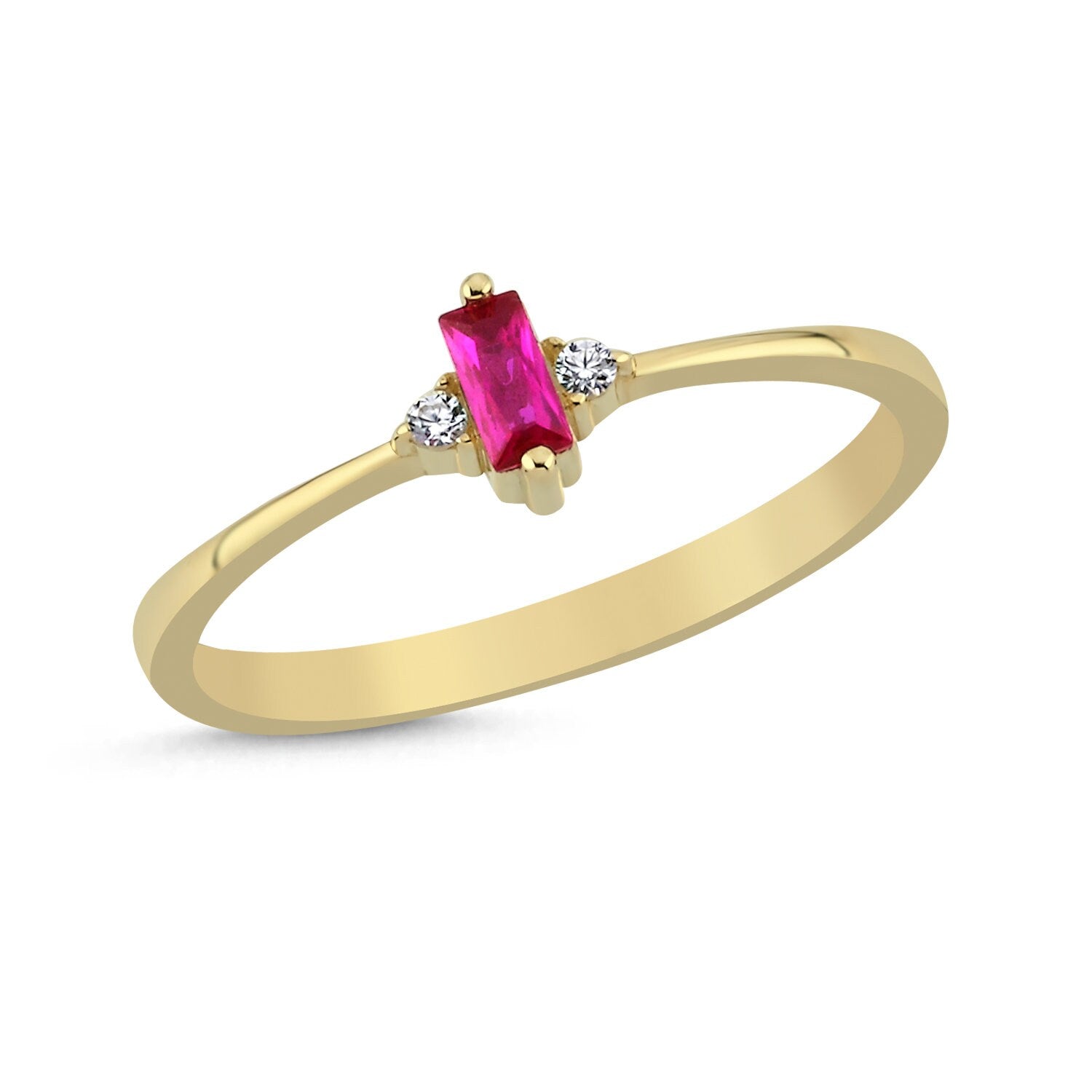 14K Gold Pink Color Stones Stackable Minimal Ring