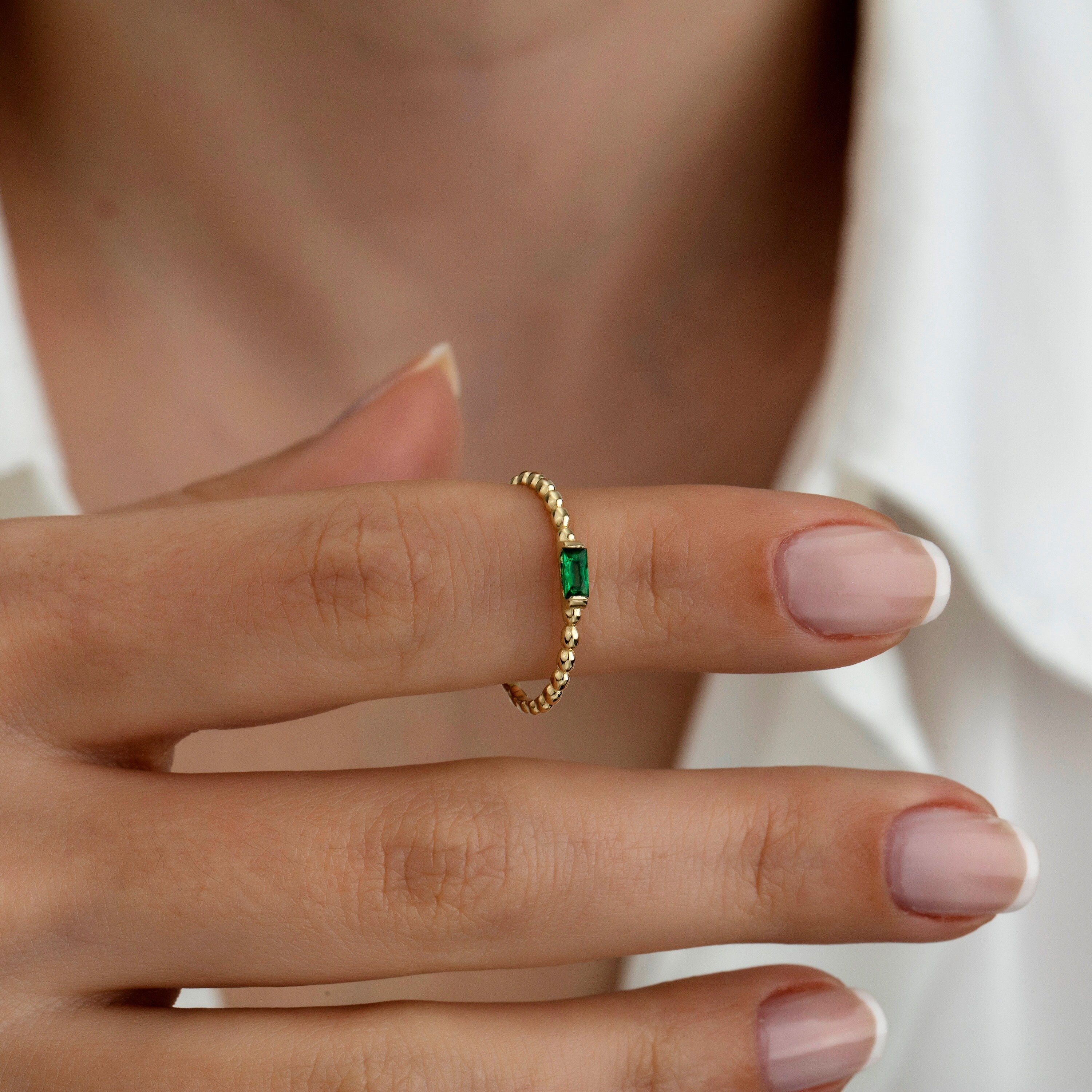 14K Gold & Green Stone Stackable Minimal Granulation Ring