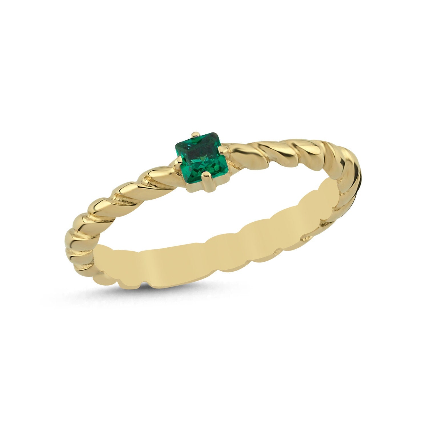 14K Gold Square Green Stone Rope Stackable Minimal Ring