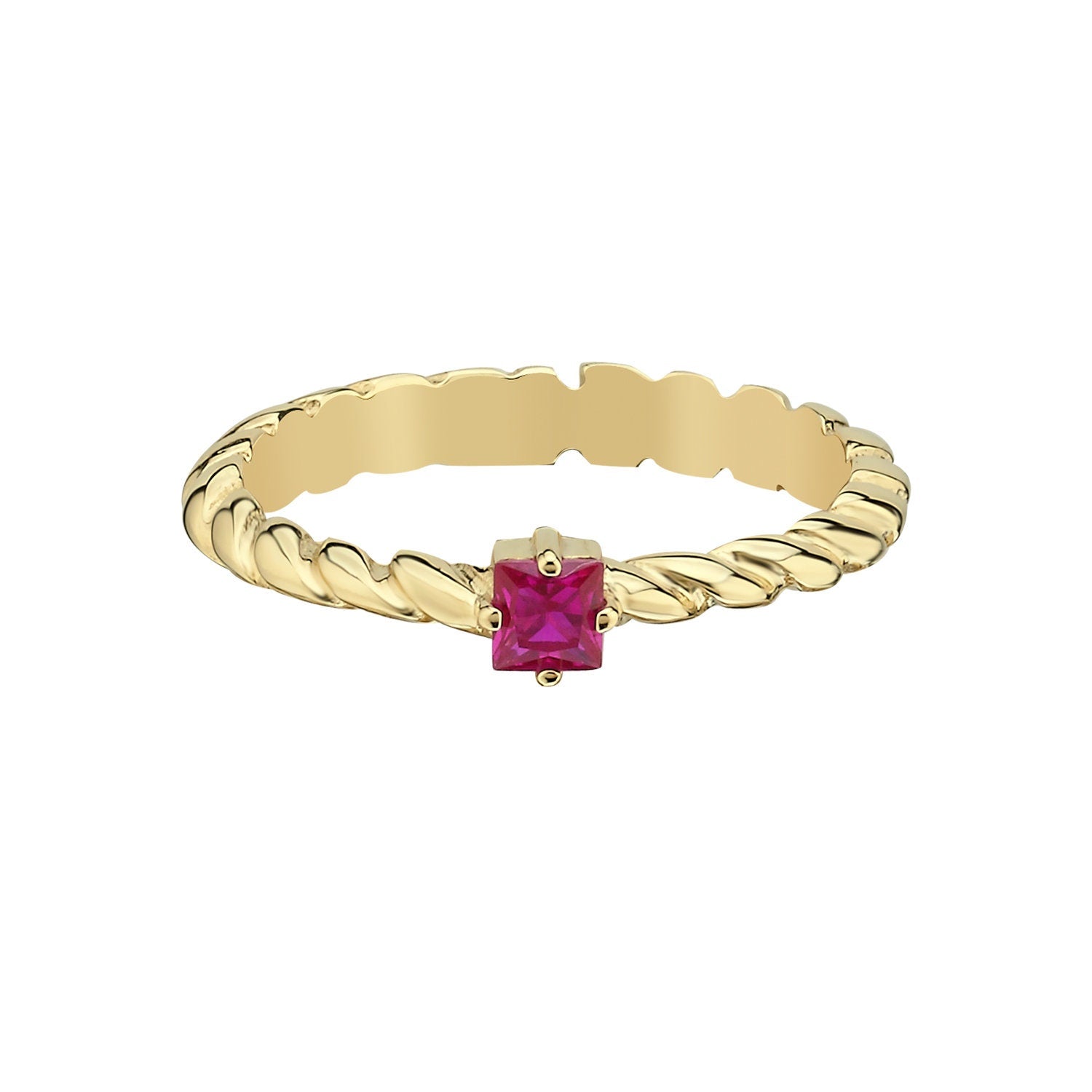 14K Gold Square Pink Stone Rope Stackable Minimal Ring