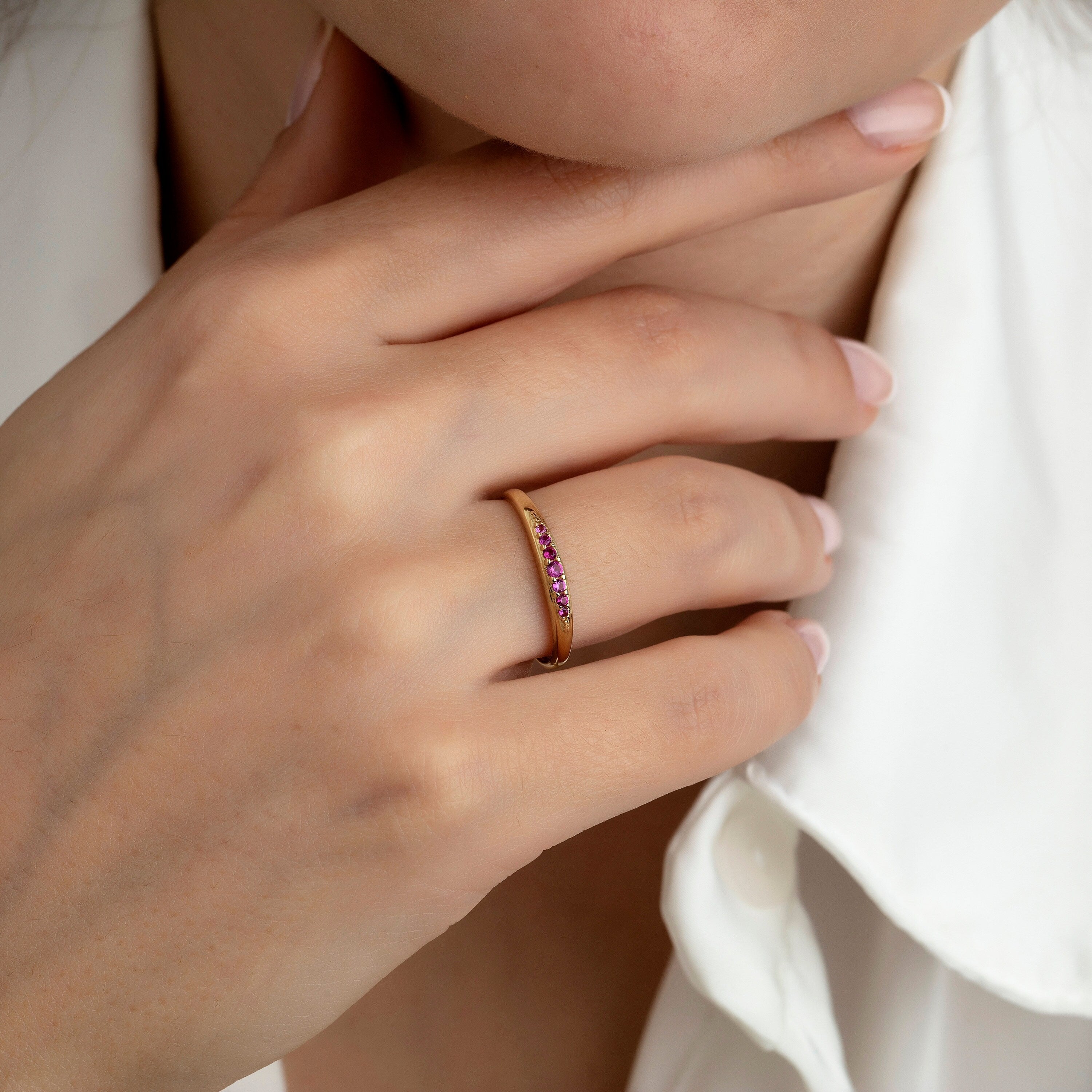 14K Gold Stackable Minimal Ring with Pink Colorful Stones Hems Jewellery 