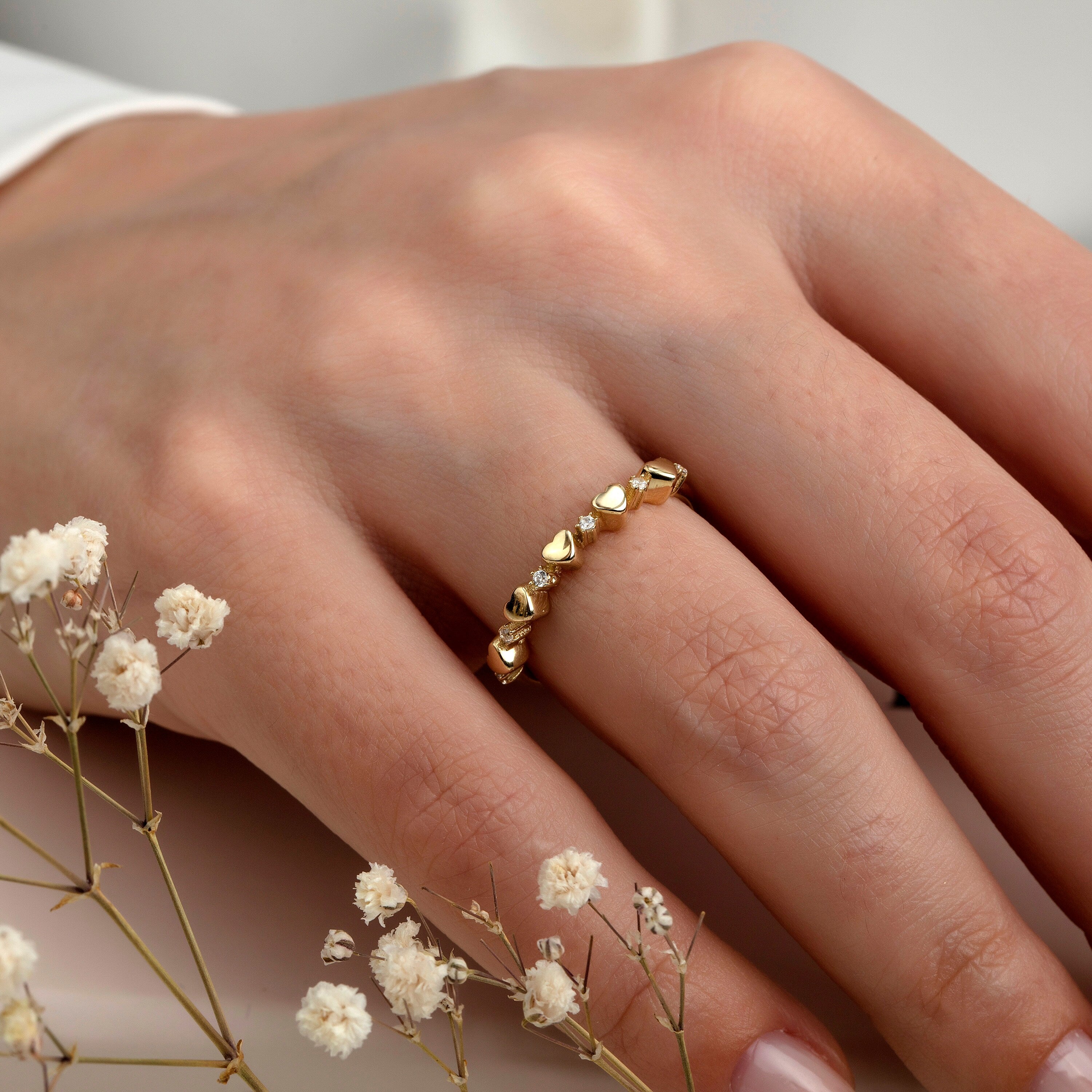 14K Gold Stones Heart Stackable Minimal Ring Hems Jewellery 