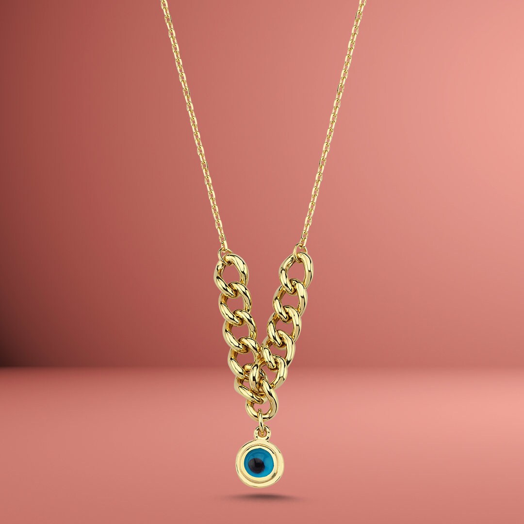14K Gourmet Chain Evil Eye Necklace Hems Jewellery 
