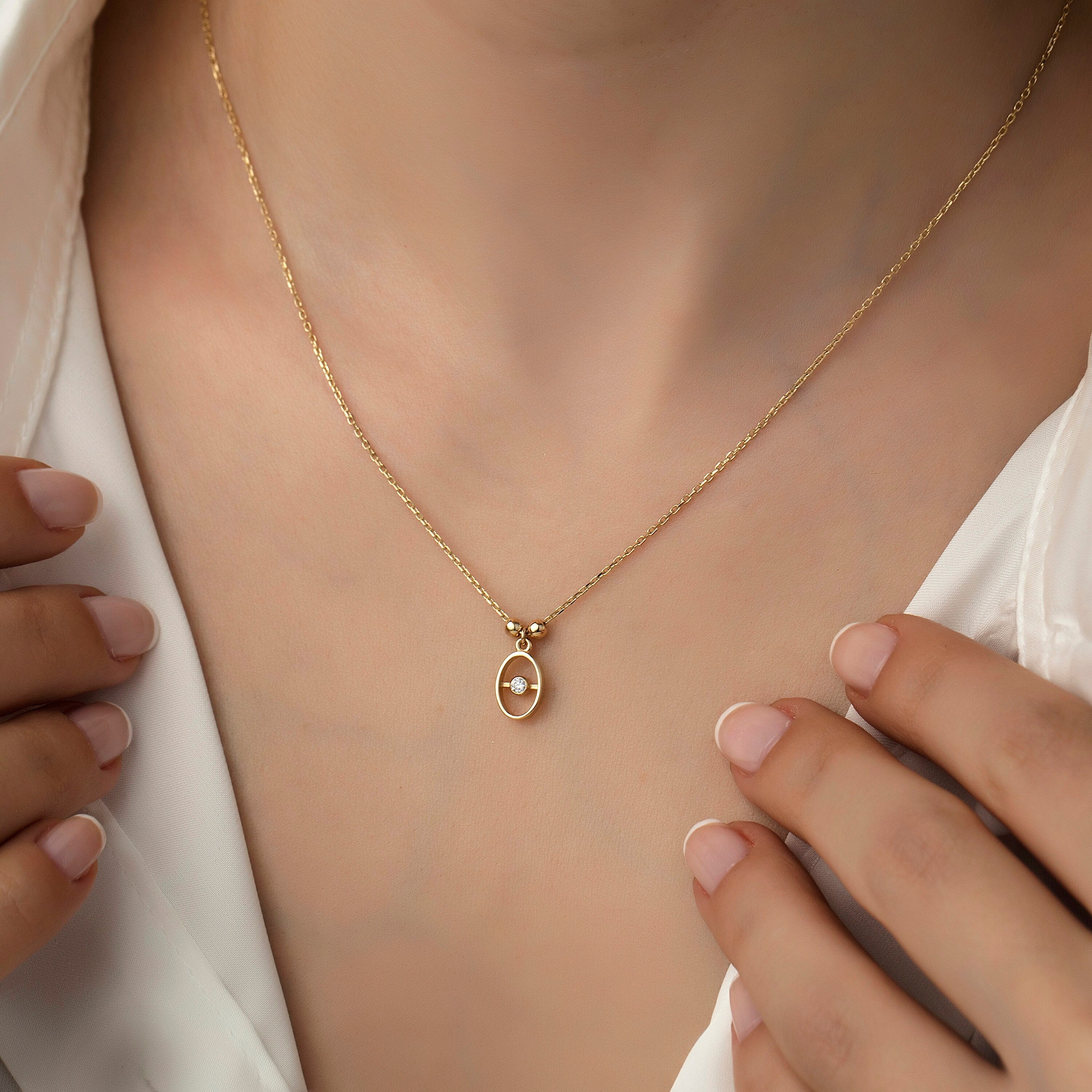 14K Mini Ellipse Solitaire Necklace Hems Jewellery 
