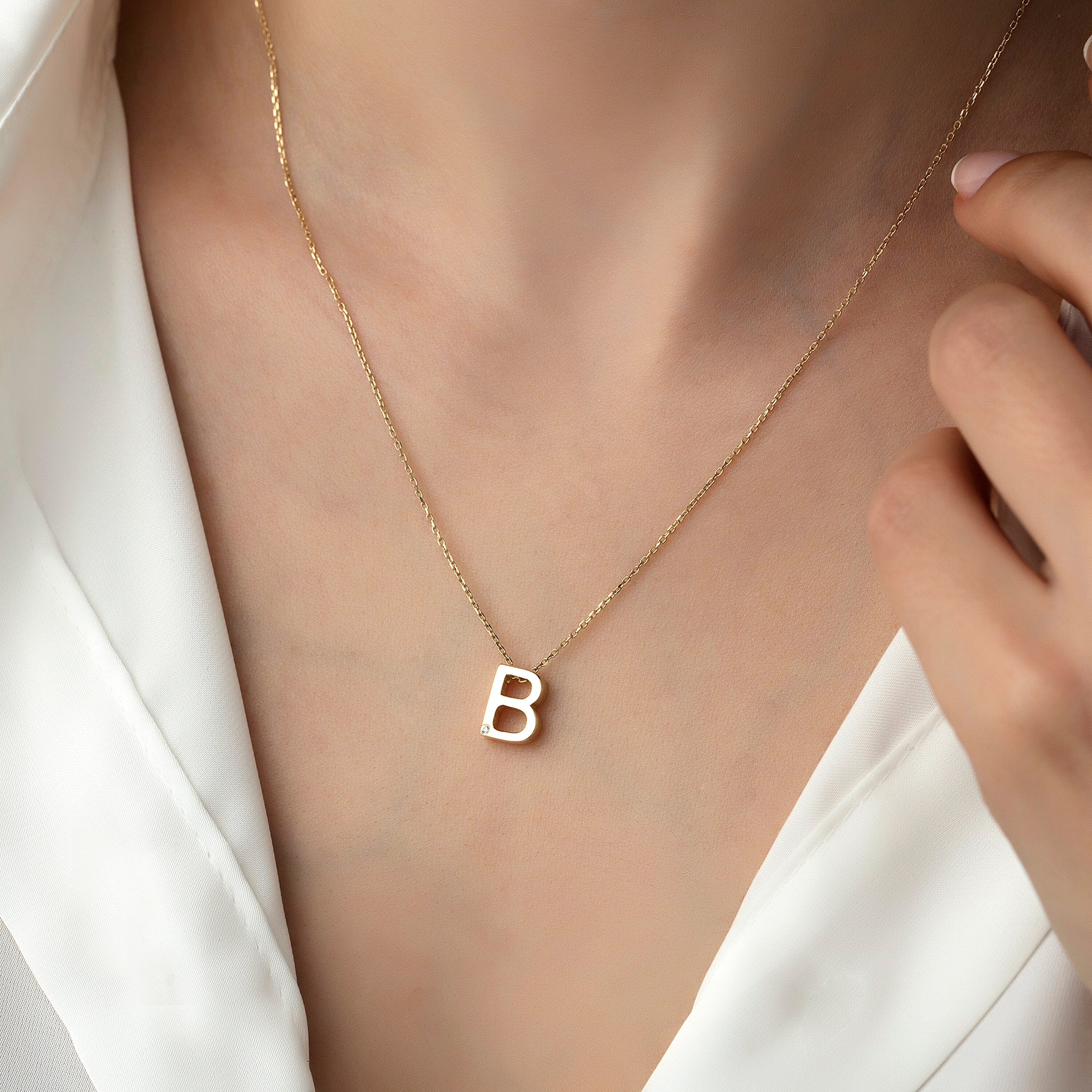 14k Gold Minimal B Initial Necklace