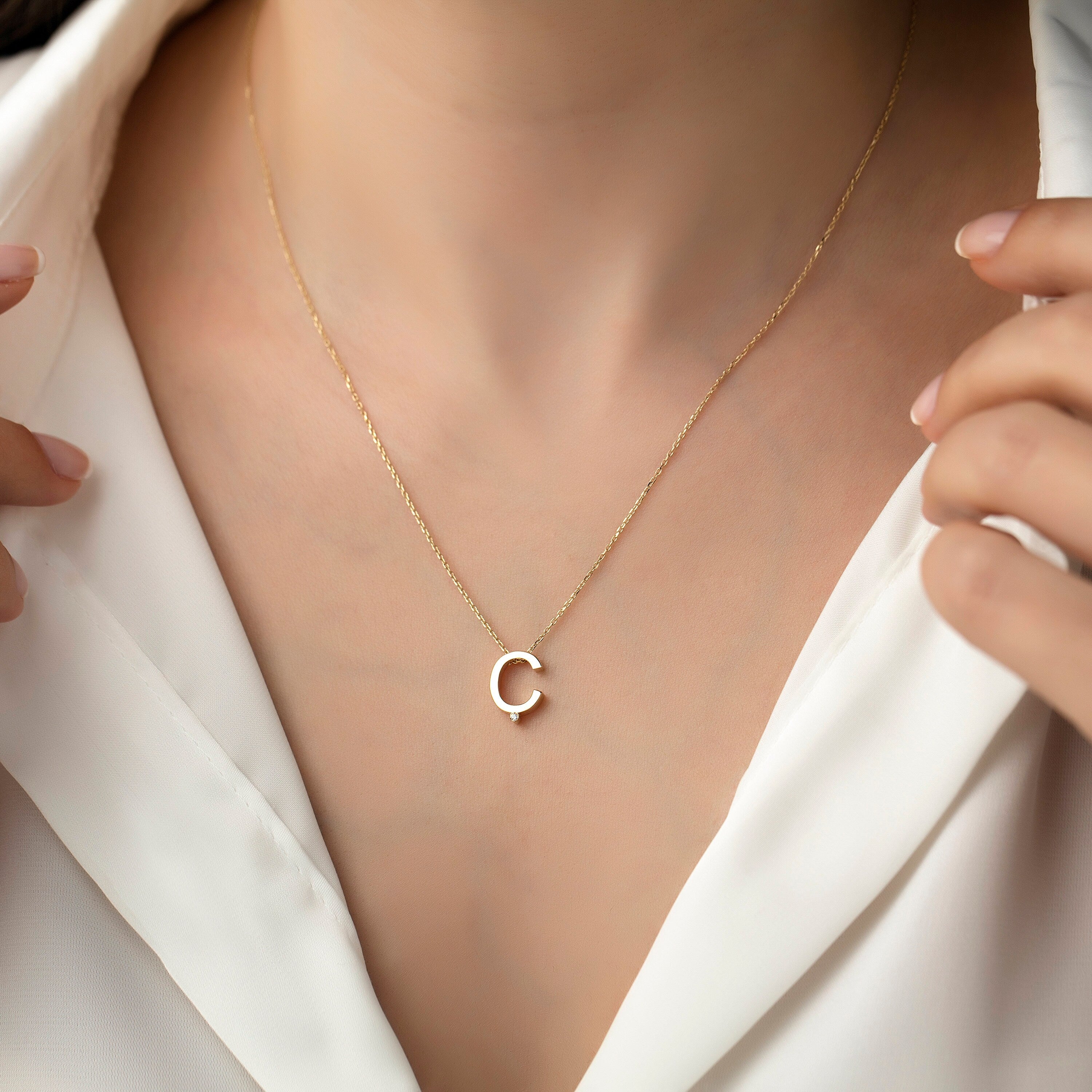 14k Gold Minimal C Initial Necklace