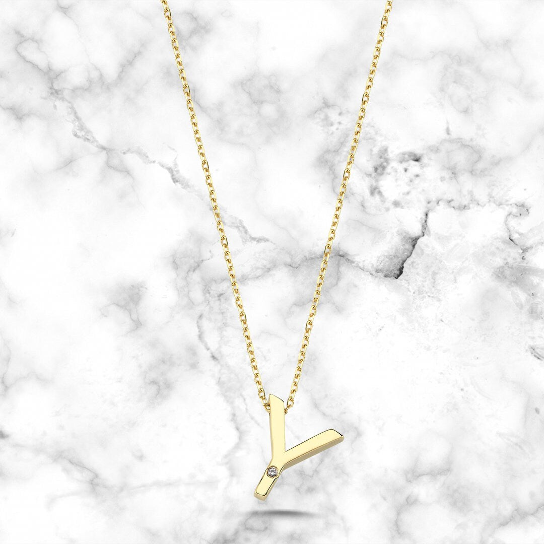 14k Gold Minimal Y Initial Necklace Hems Jewellery 