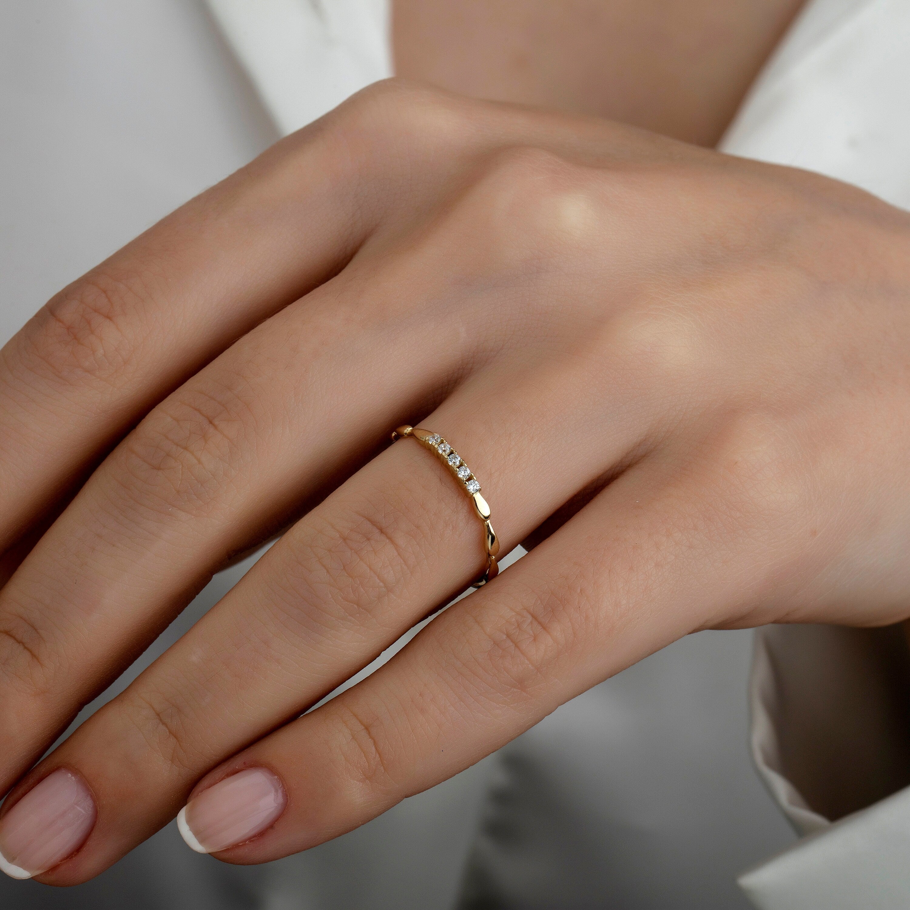14k Gold Stackable Shuttle Ring with Gold Stones / Solitaire Ring